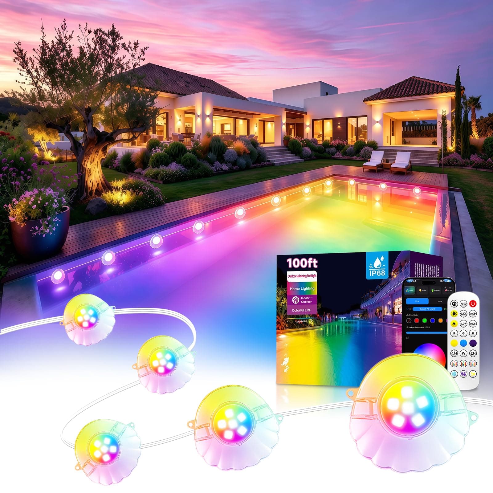 AHAWILL 100FT RGB Swimming Pool Lights for Inground & Above Ground Pools,IP68 Waterproof,Plug-in 16 Shell Pool LED String Lights,Remote/APP Control,16M Colors,DIY Timer,44 Dynamic Modes for Pool Decor