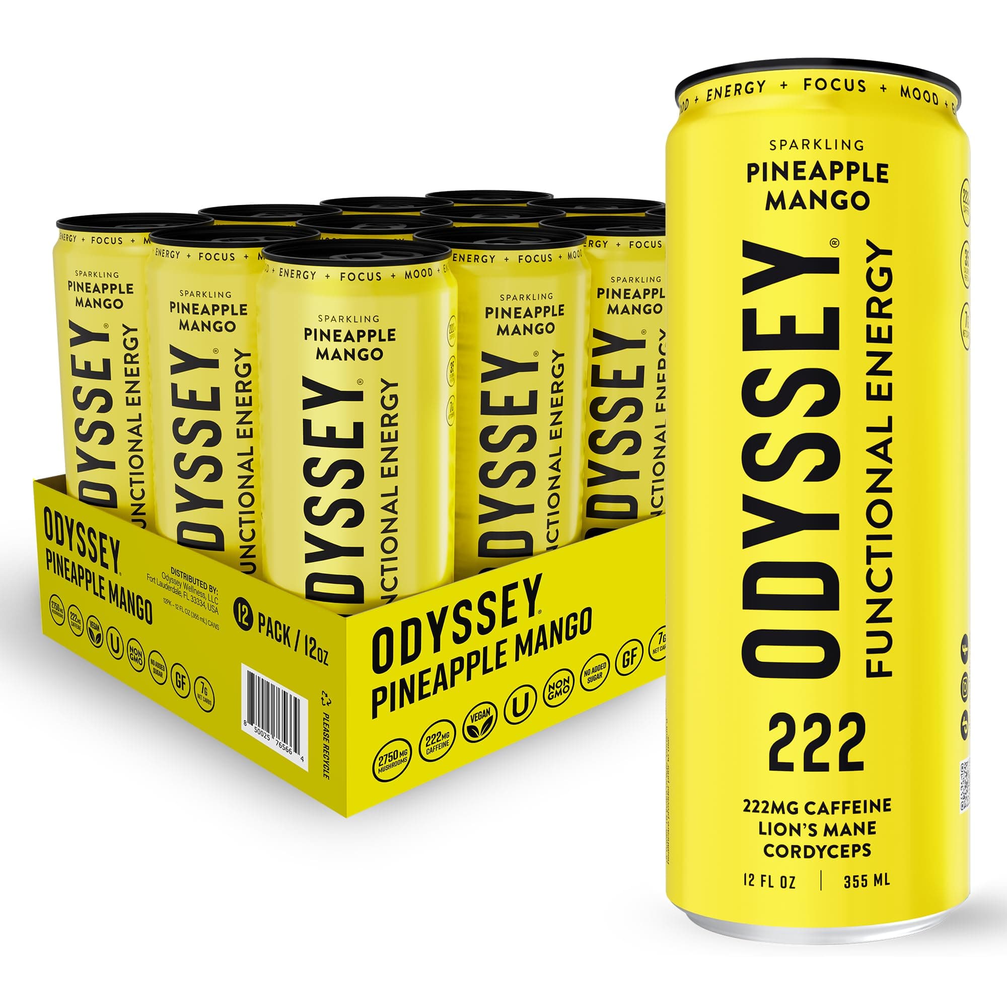 Odyssey Functional Energy Drink, 222mg Caffeine, Pineapple Mango, 12 OZ | Mushroom energy drink with Lion's Mane, Cordyceps, Ginseng & L-Theanine, no jitters, no crash, vegan & No Added sugars