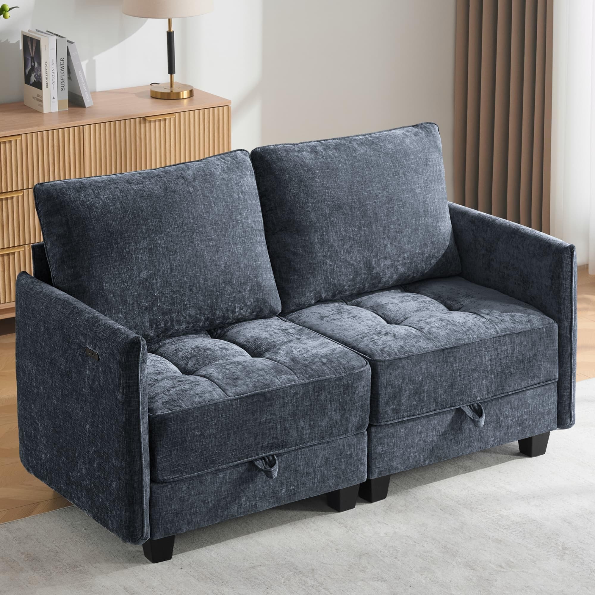 Korser 61" Loveseat Sofa Couch with Storage, Modern Love Seat Couches for Living Room, Small Couch for Bedroom with USB Charging, Comfy Chenille Cloud Couch for Small Spaces, Dorm, Office, Dackblue