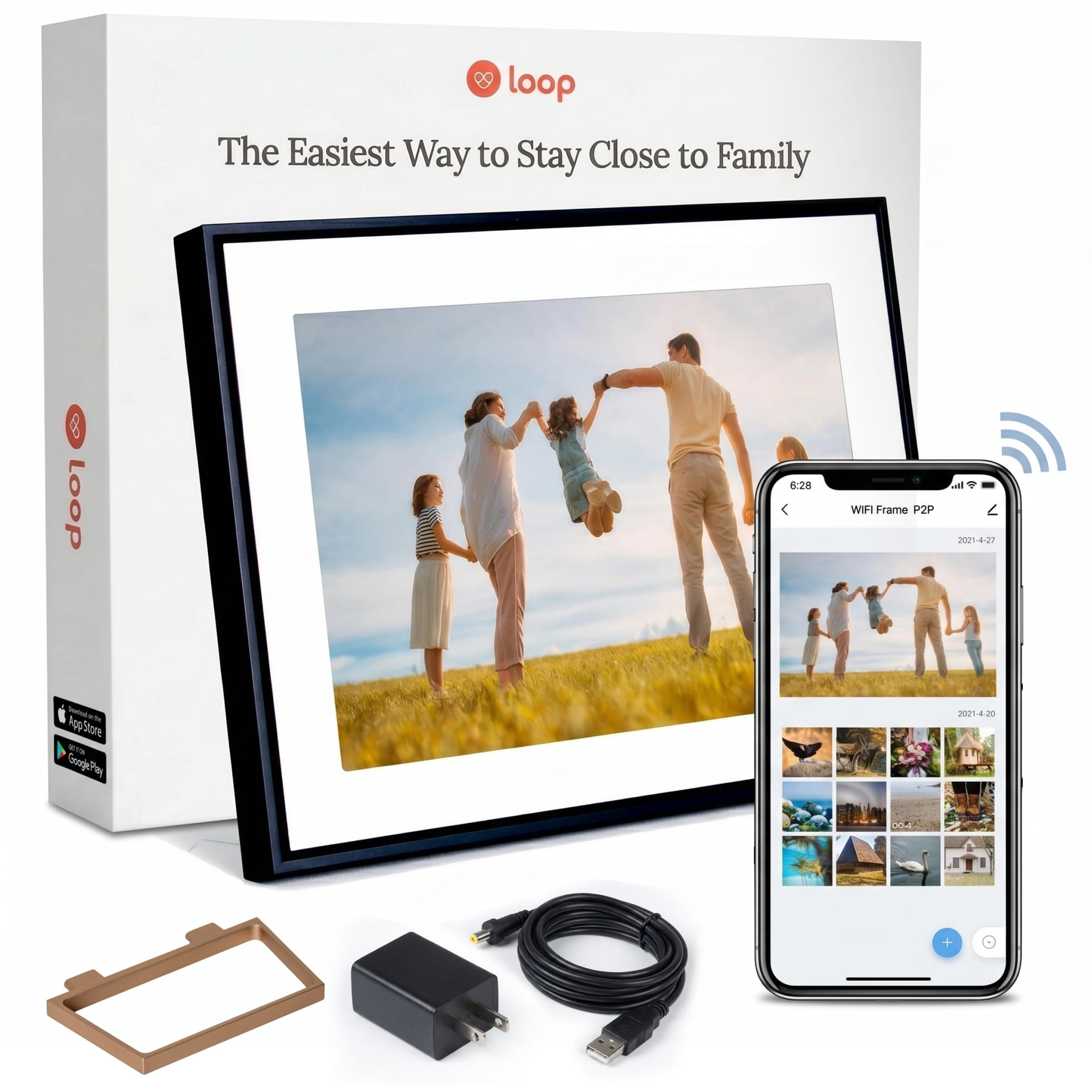 Loop WiFi Digital Picture Frame 10.1" Touchscreen Electronic Photo Video | Photo Frame with Slideshow, Video by Text or App, 16GB, HD 1280x800, No Subscription, Gift for Grandparents and Family