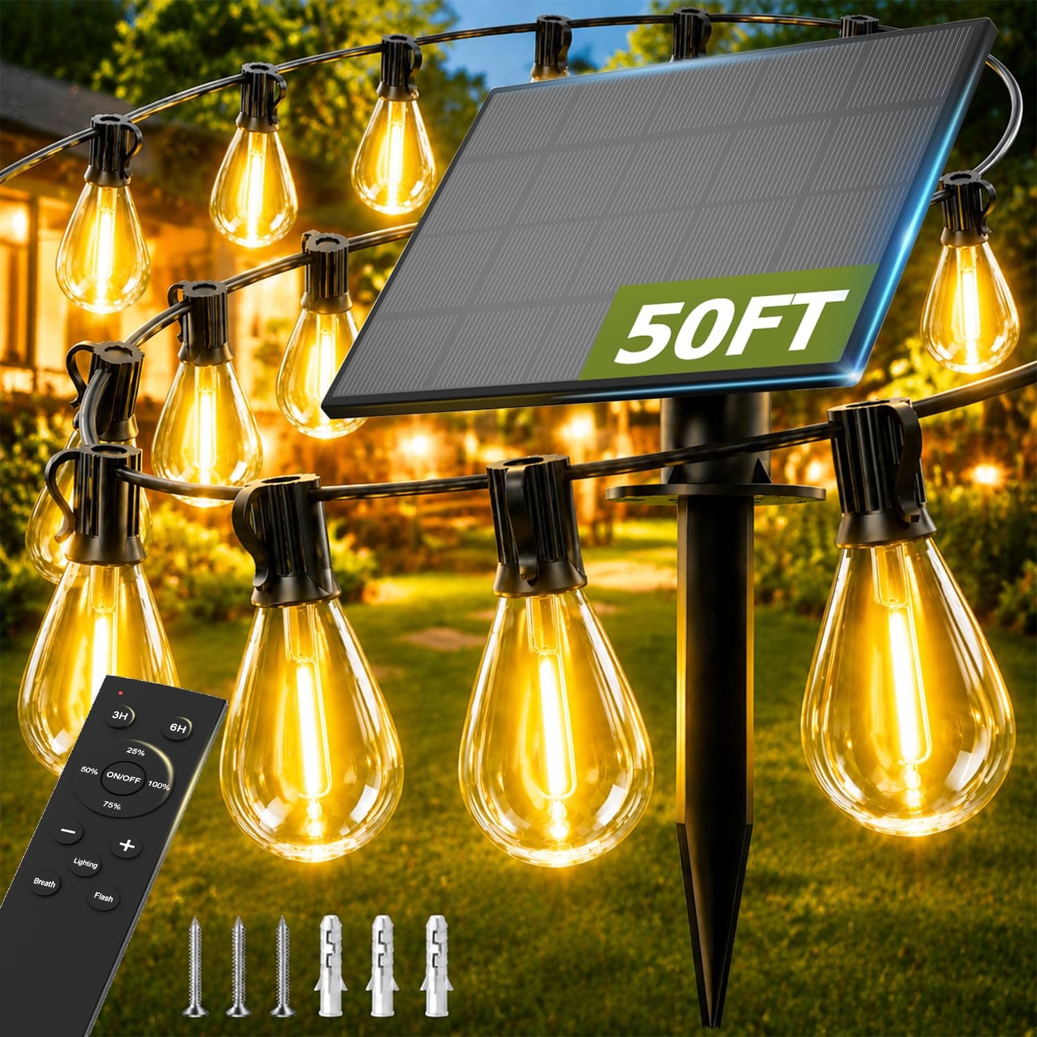 plosim 50FT Solar String Lights Outdoor, Dimmable Patio Lights Solar Powered with Remote & USB Port 18+1 LED Shatterproof Bulbs 3 Light Modes, Waterproof Solar Light for Camping Backyard Garden