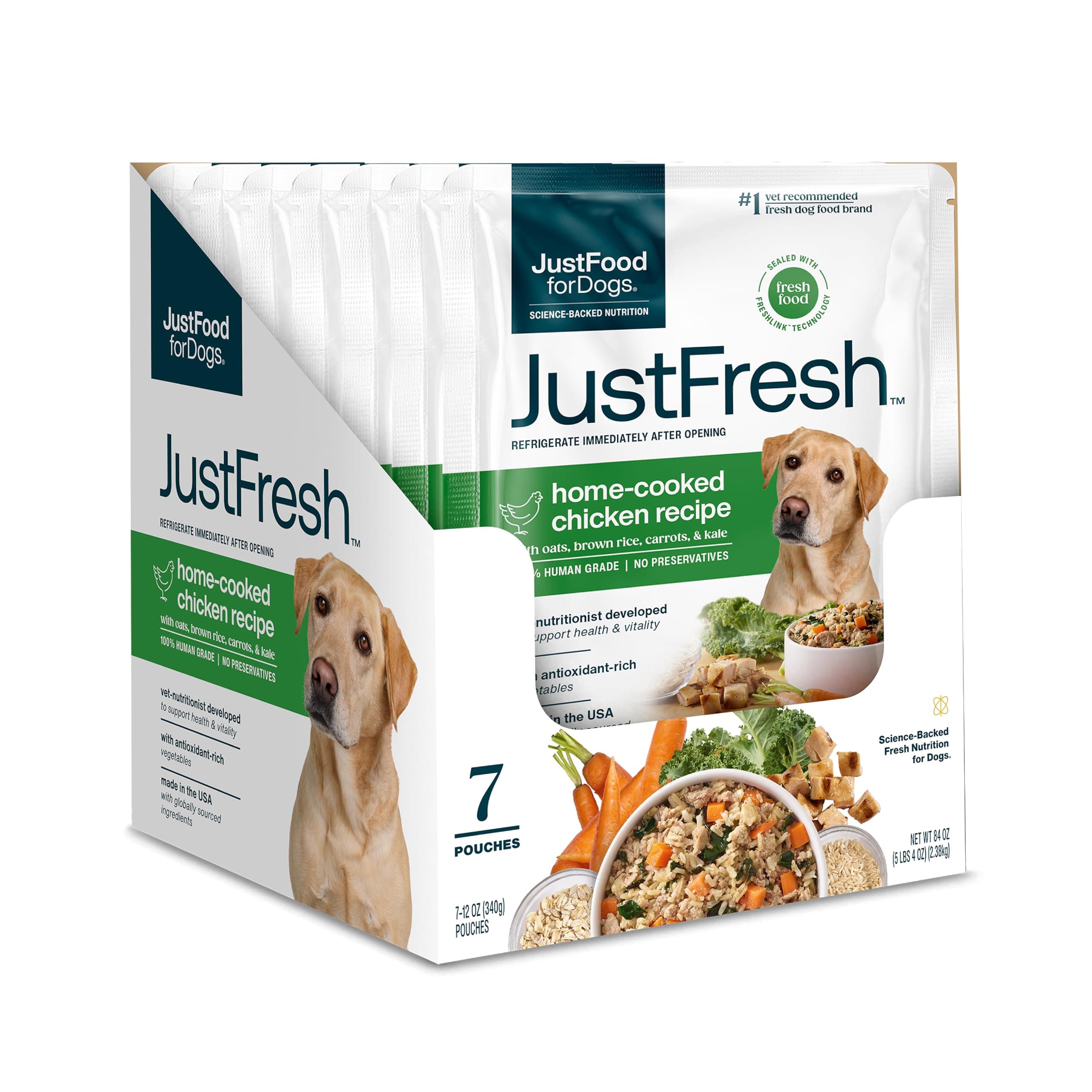 JustFoodForDogs JustFresh Fresh Wet Dog Food or Topper - Chicken, 7 Pack | Fresh Pet Meals and Dog Toppers with No Preservatives, Resealable Package, Human Grade, Home-Cooked Chicken, 12 Oz Pouches