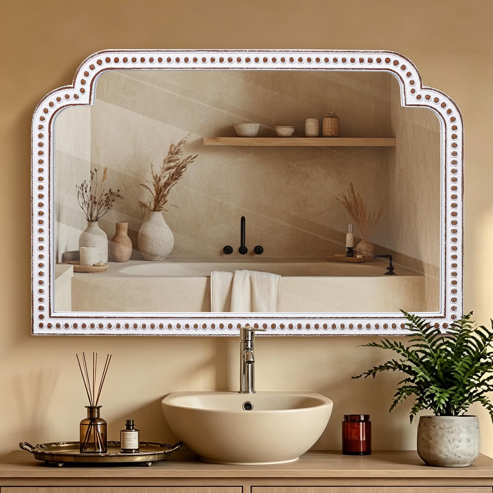 24x36 Inch Ornate Scalloped Arch Mirror, Wooden Antique Beaded Wall Mirrors | Rustic Farmhouse Charm, Elegant Focal Point for Bathroom Sink, Entryway, Living Room, Fireplace Mantel, and Dresser