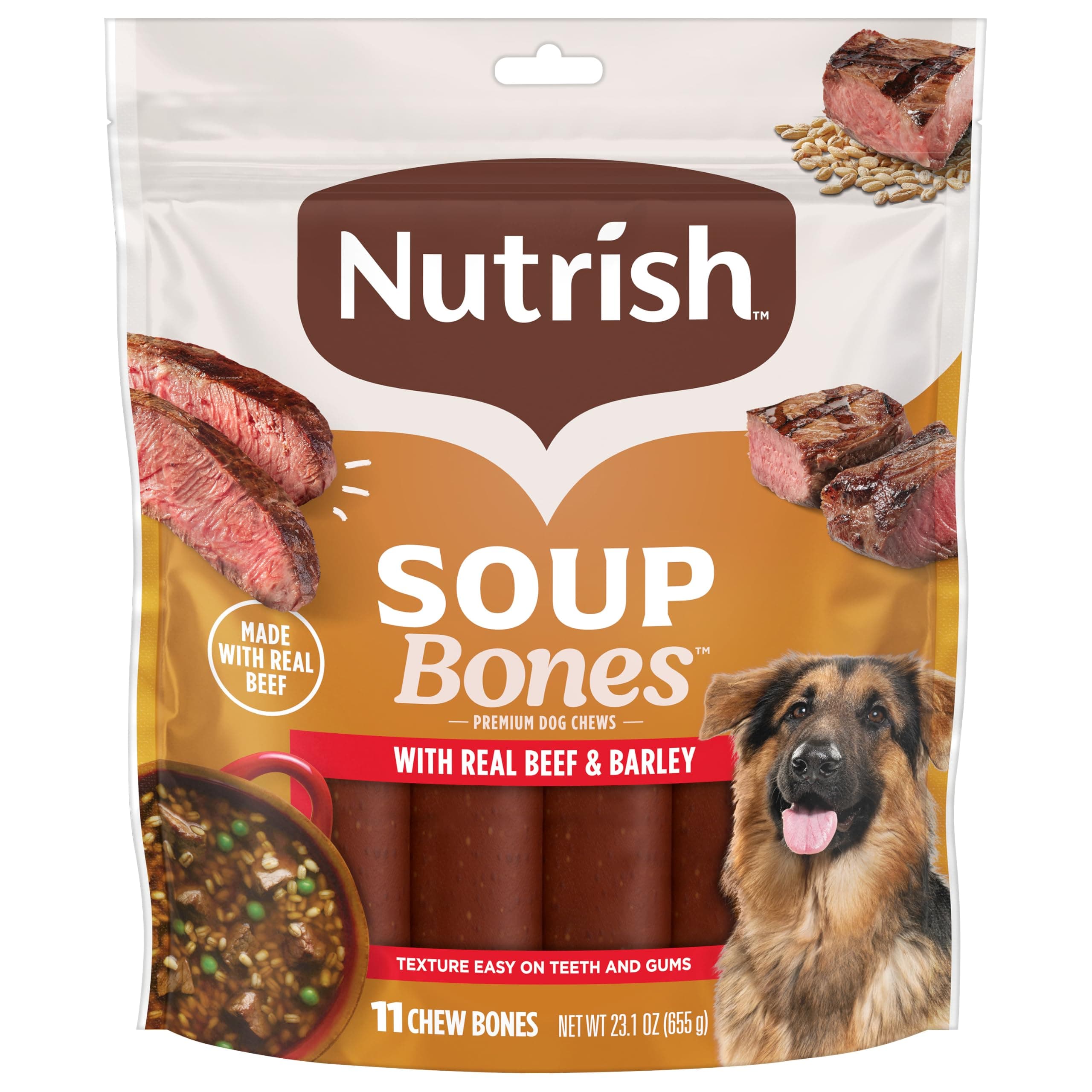 Nutrish Soup Bones Beef Dog Chews, 23.1 oz. Bag (11 Treats) (Rachael Ray) | Rawhide-Free, Contains No Artificial Flavors or By-Product Meals, Soft Texture, Easy on Gums, Resealable Bag