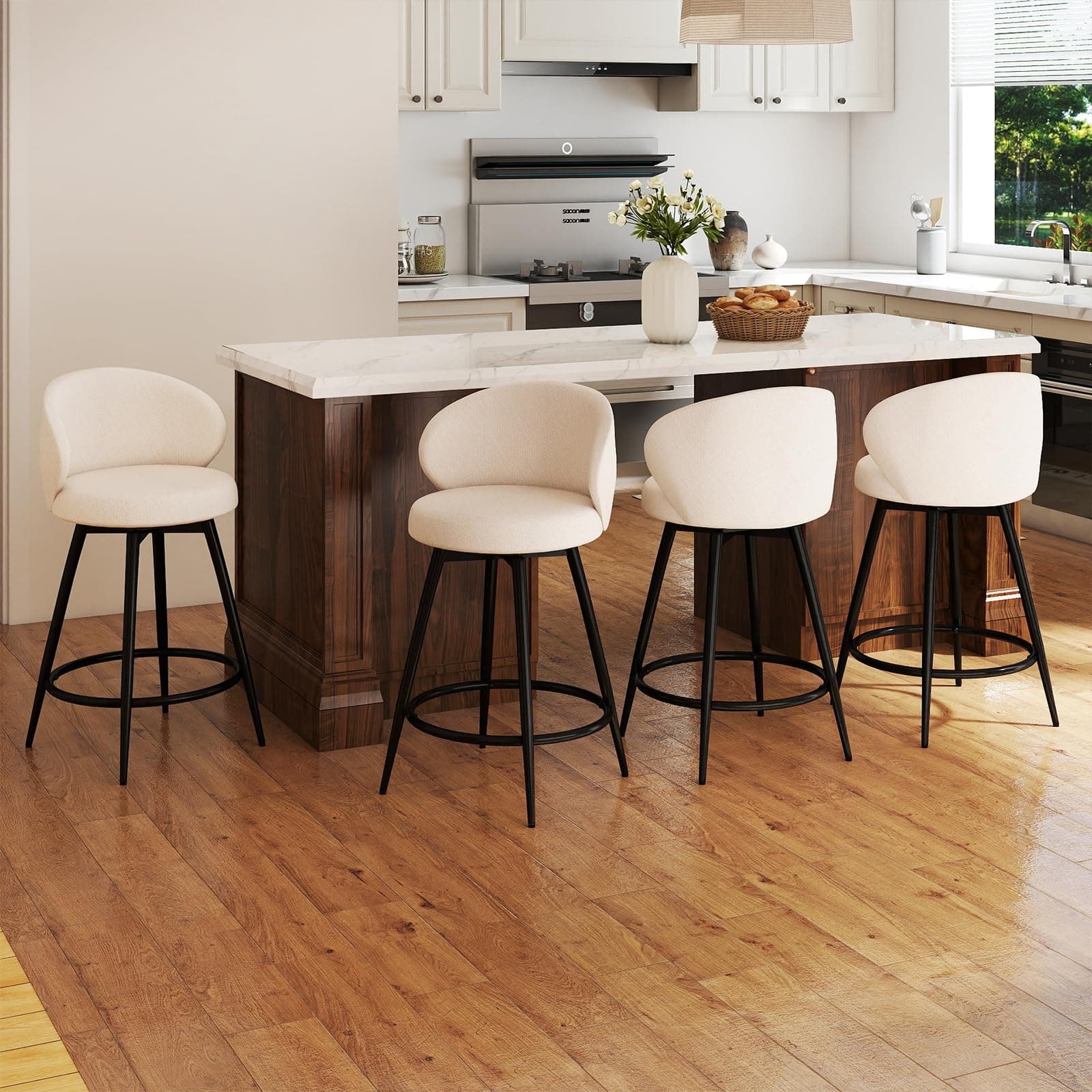 MASLIER Bar Stools Set of 4, 360° Swivel Breathable Fabric Kitchen Counter Height Stools, 26" Upholstered Bar Chair for Kitchen Islands, Restaurant, Ivory