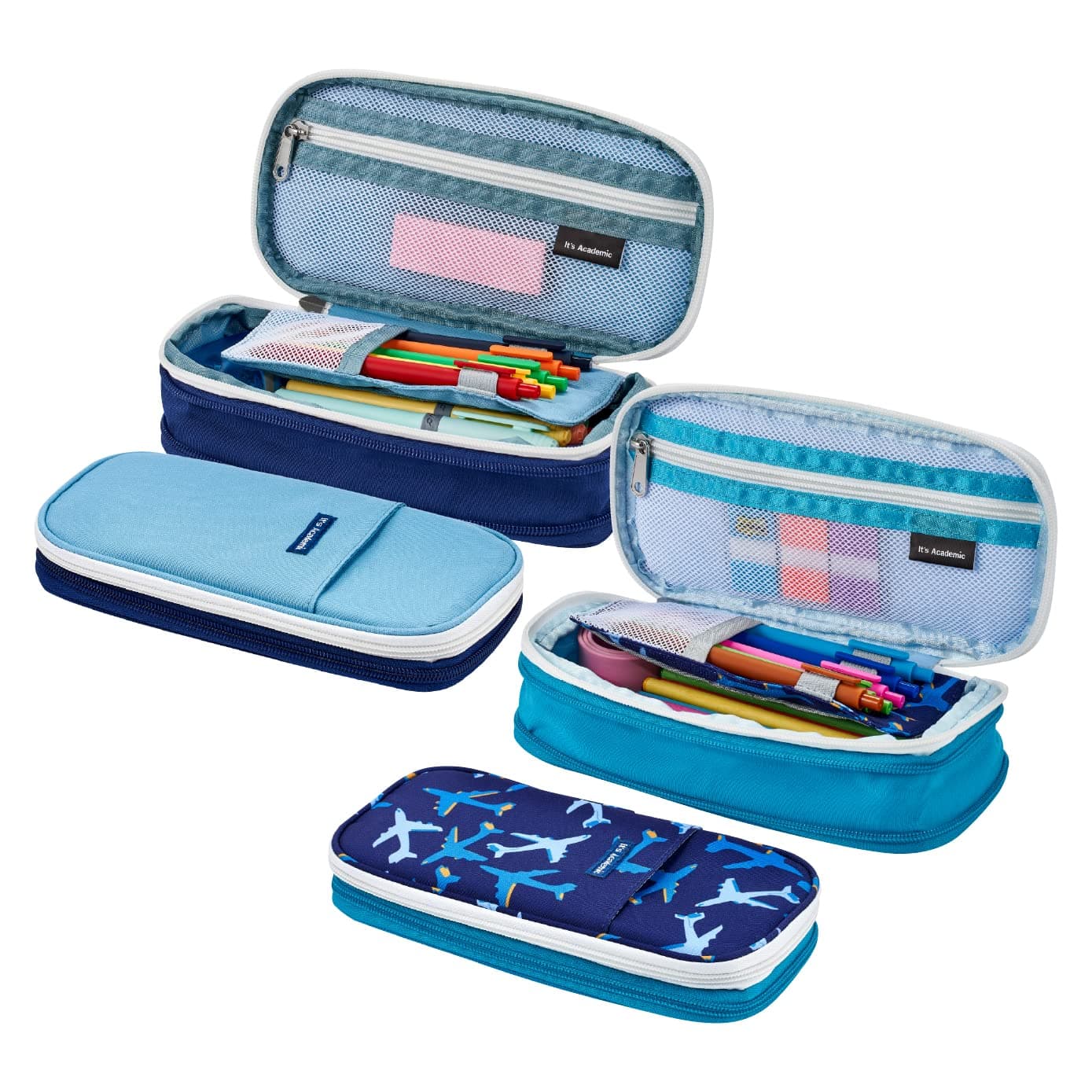 It's Academic Expanding Pencil Case, Portable Pouch for Office & School Supplies, Travel Organizer Bag, Compact, High Capacity, Jet Design, 2-Pack, Dark Blue/Light Blue (24362-JTBL-2PK)