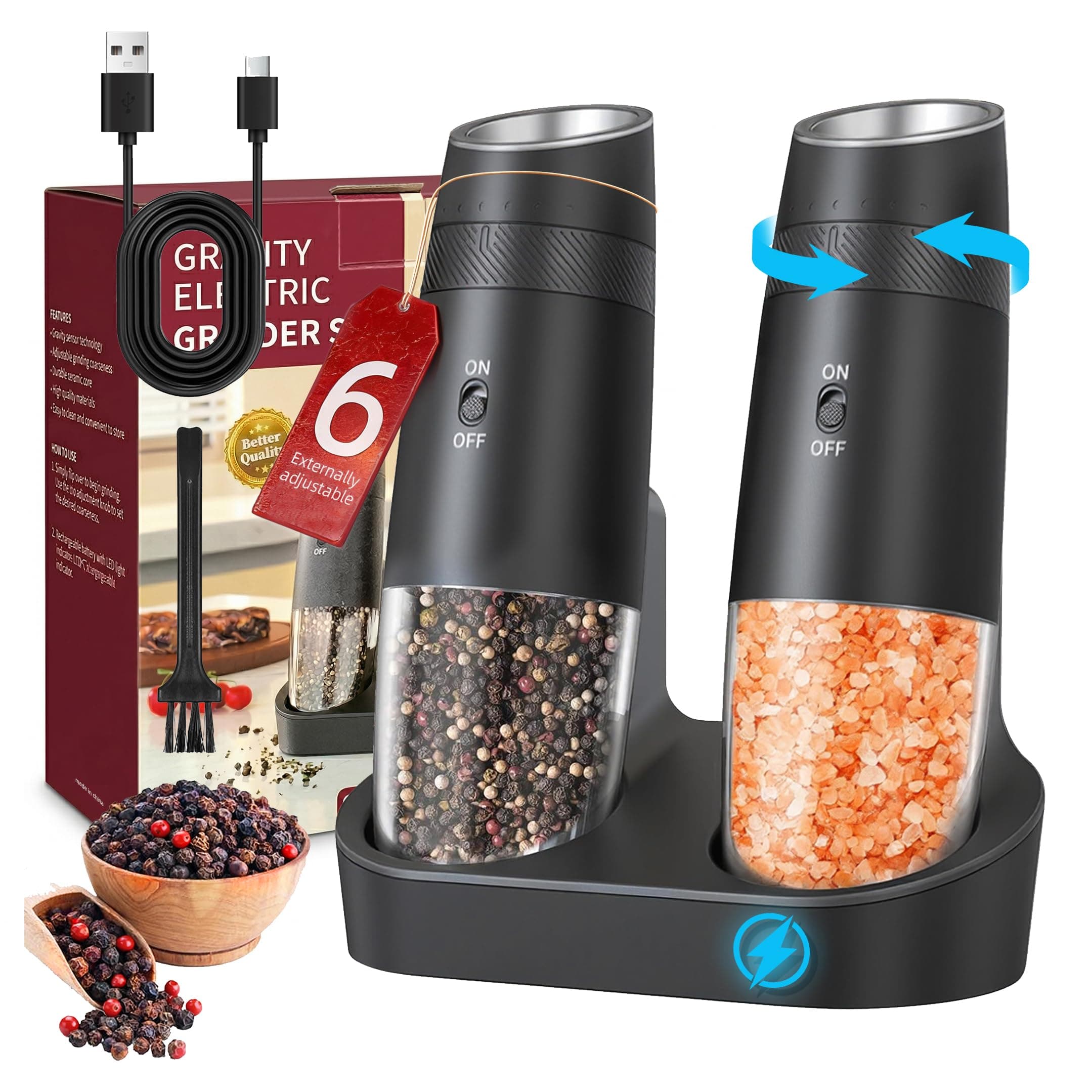 Rechargeable Salt and Pepper Grinder Set, Gravity Electric Salt and Pepper Grinder Automatic Shakers Mill with LED Light, Adjustable Coarseness One Hand Operation, USB-C Battery, Gift for Home Chefs