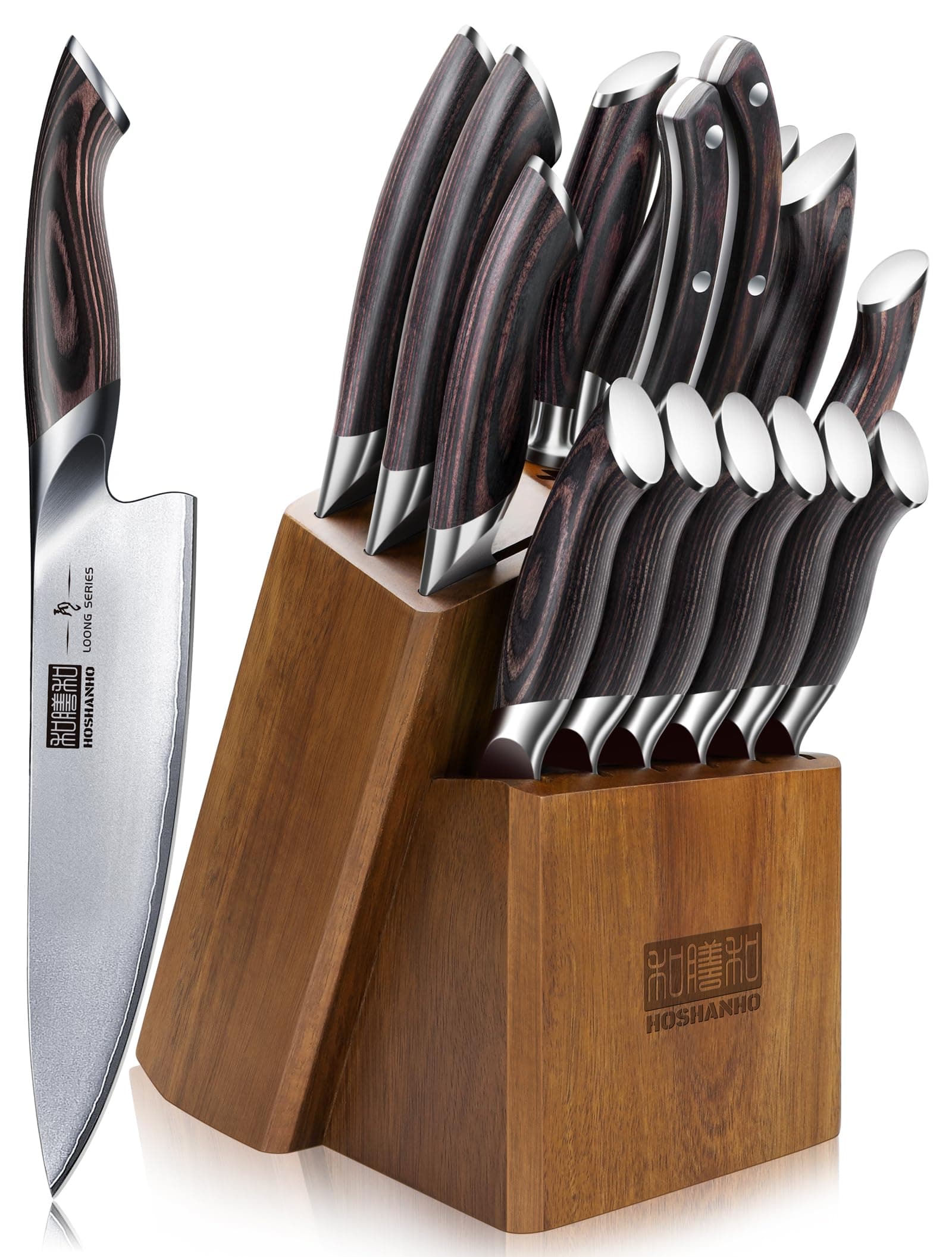 HOSHANHO 16PCS Knife Set, Ultra Sharp Japanese Kitchen Knife Set with Block | Japanese High Carbon Stainless Steel Cooking Knife set, Multipurpose Chef Knives Set with Sharpener, Ergonomic Handle, Gifts