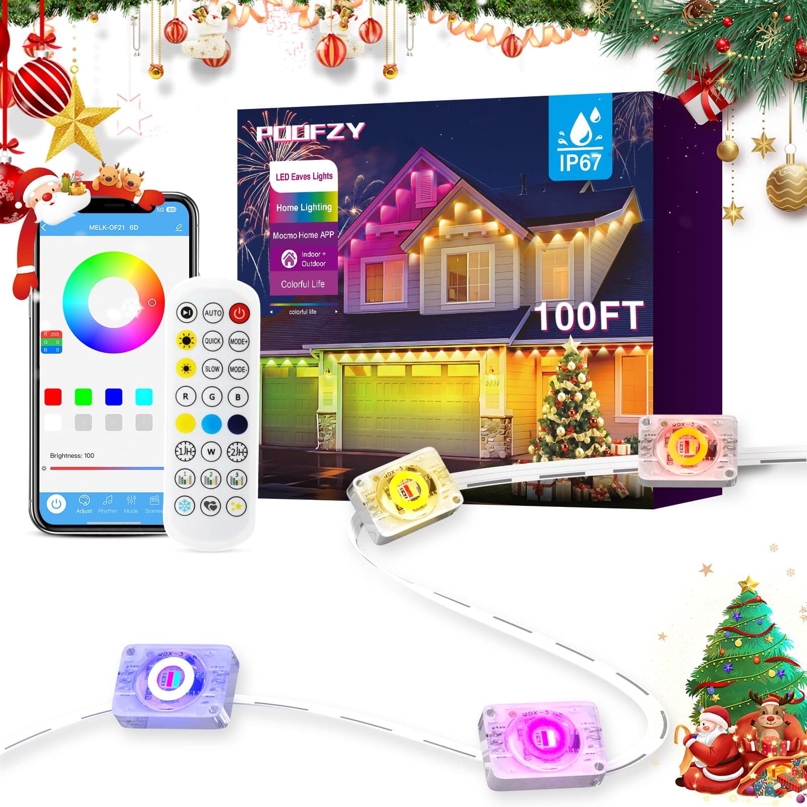 Permanent Outdoor Lights, 100ft Christmas RGB+IC Lights with 100 Modes | Smart Outdoor Decor, 16 Million Colors, 100 Scene, App/Remote Control, IP67 Waterproof, Christmas, Halloween, Holiday Decor