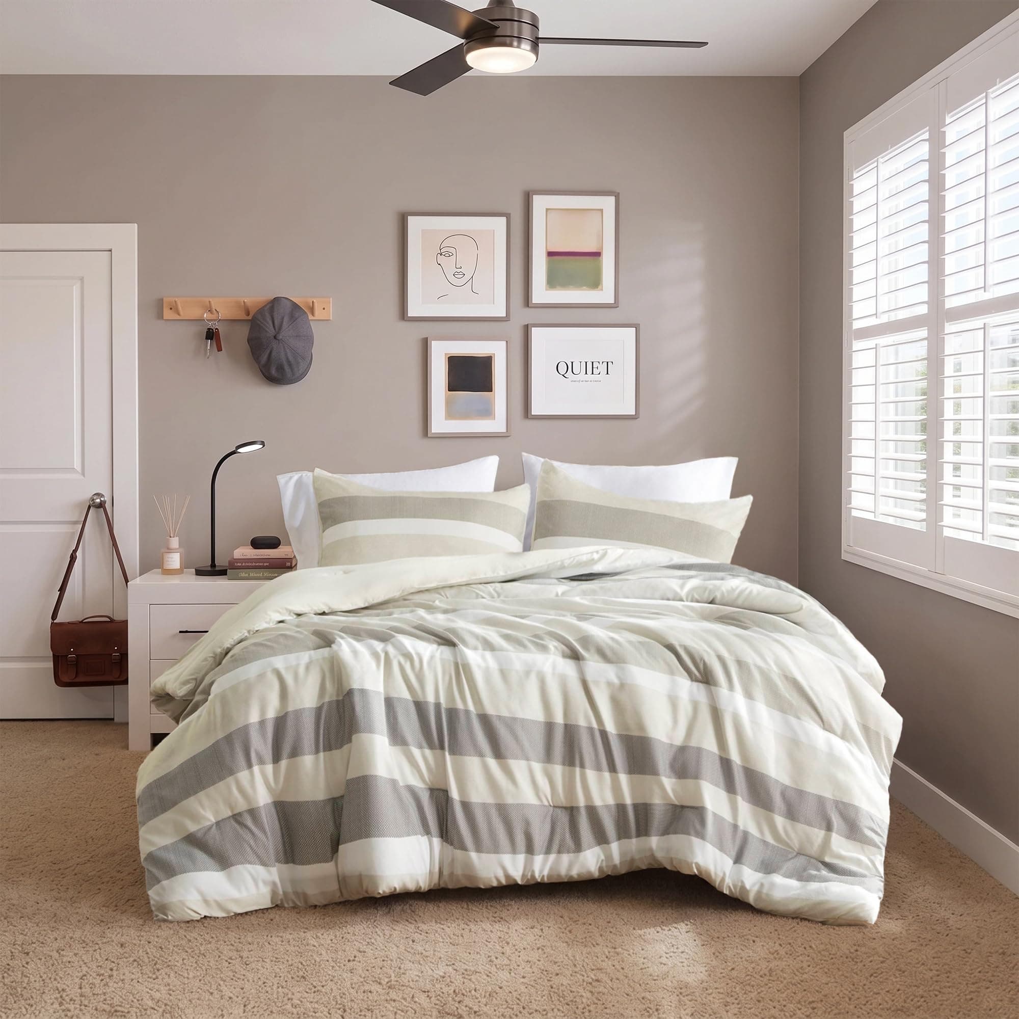 Regency Heights King Size Striped 3 Pieces Comforter Set, Neutral | Modern Bedding Set All Season Soft Lightweight Reversible Bed Set with Comforter & Sham