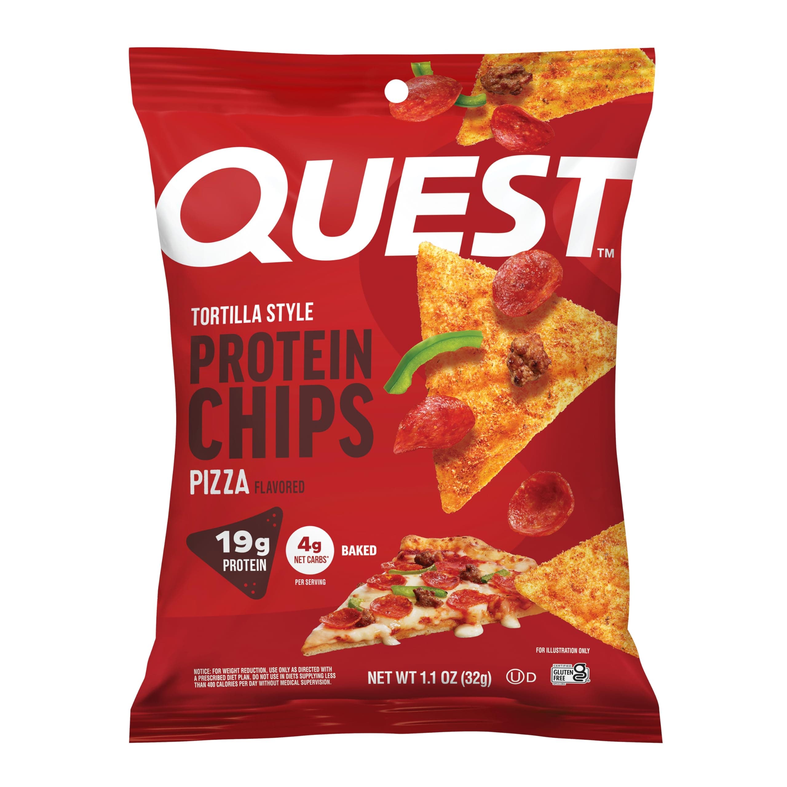 Quest Nutrition Pizza Tortilla Style Protein Chips, 19g Protein, 4g Net Carbs, High Protein Snack, Low Carb, Gluten Free, 1.01 oz bags, 12 Count