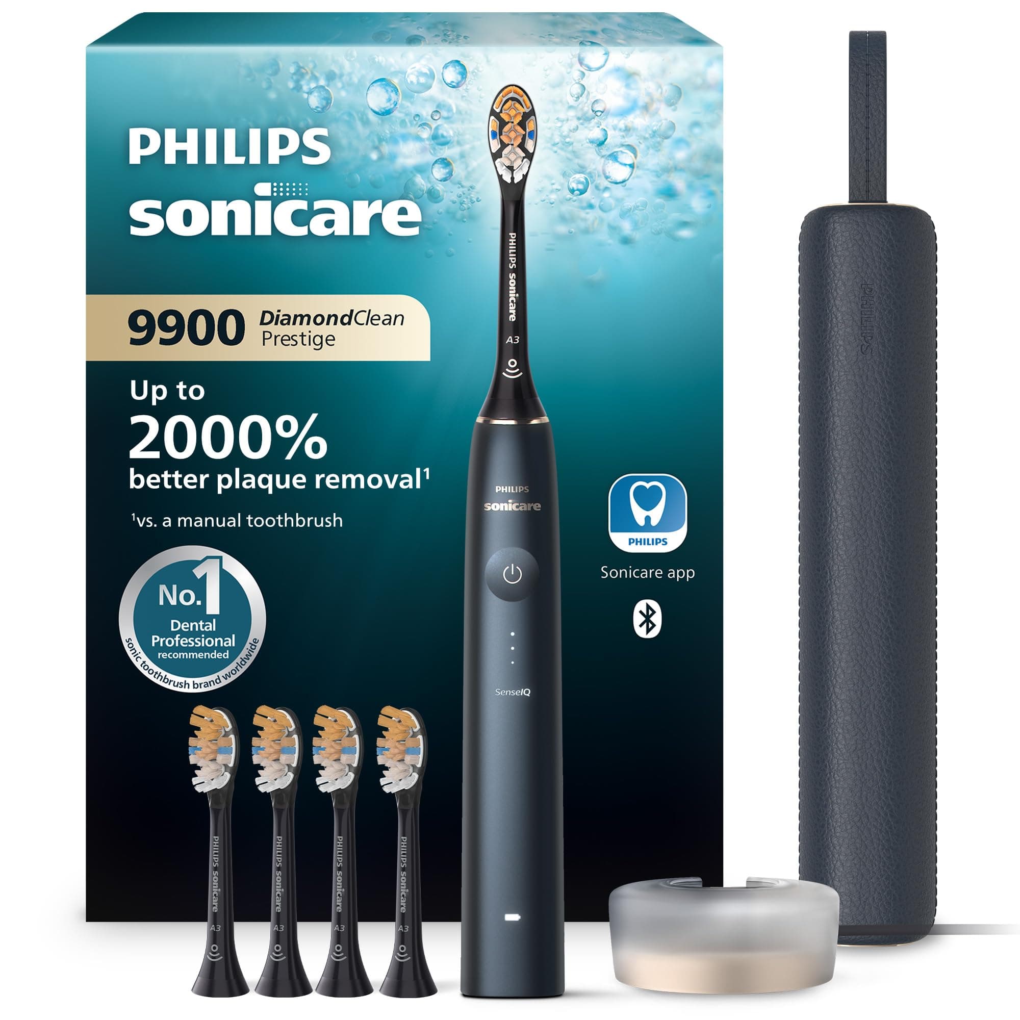 Philips Sonicare 9900 Prestige Electric Toothbrush, 5 Brush Heads, Blue | 2000% More Plaque Removal¹, SenseIQ Adaptive Protection, 15 Brush Settings, App Connected, Charging Travel Case, BD9002AZ