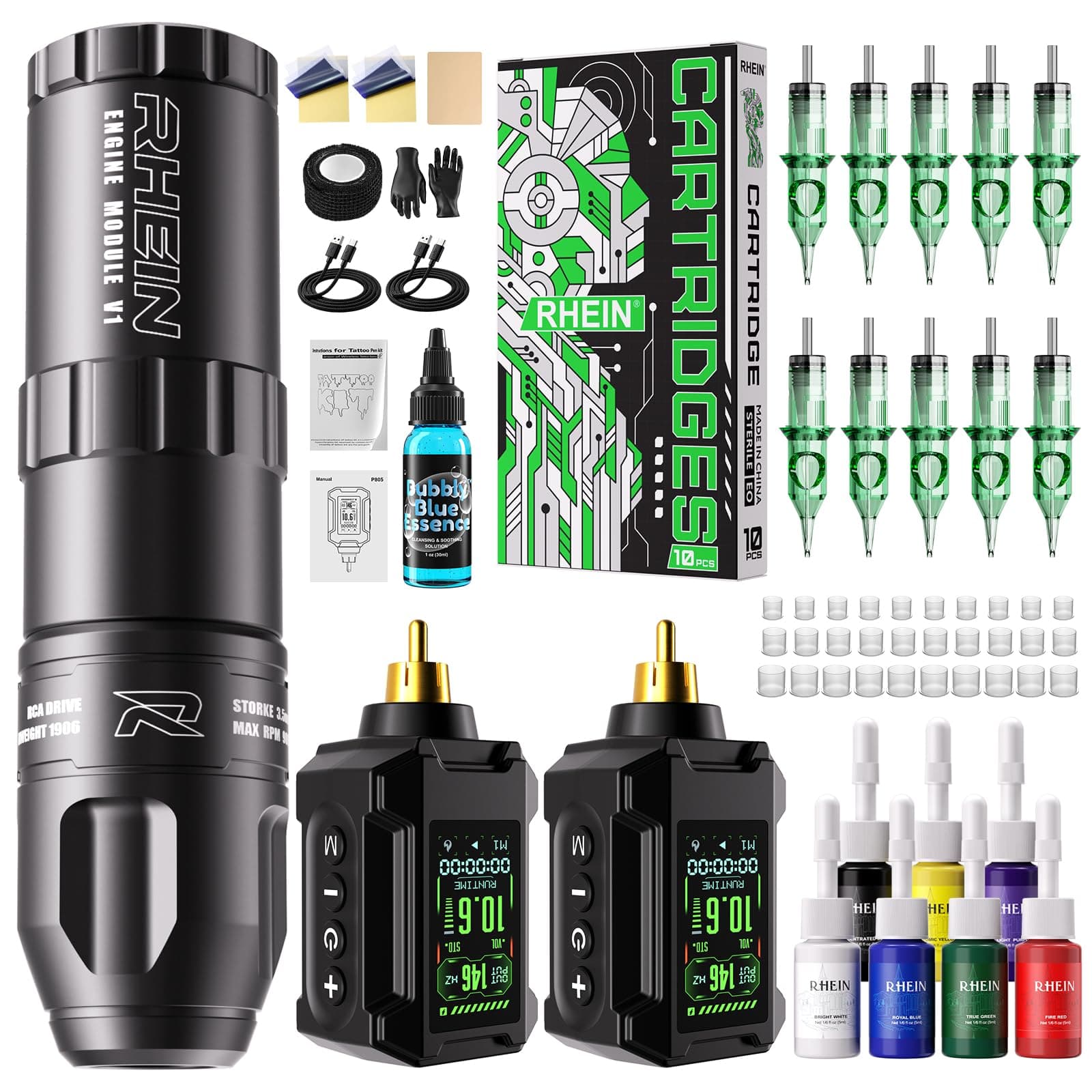 Tattoo Gun Kit with 2 PCS 1800mAh Batteries Wireless Tattoo Machine Kit 10 Tattoo Cartridge Needles 7 Tattoo Ink