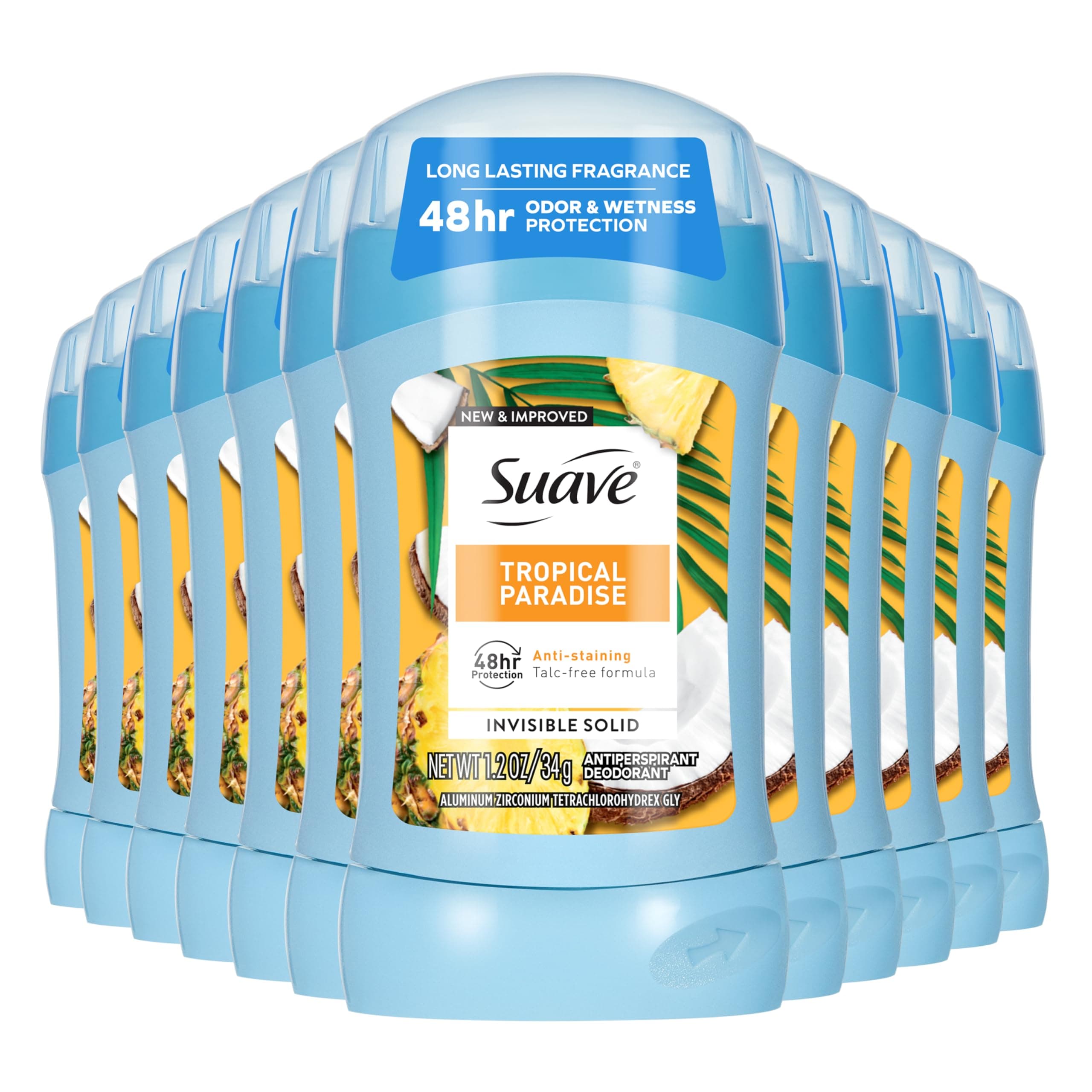 Suave Antiperspirant Deodorant For Women, Invisible, Underarm Deodorant, 48hr Odor & Wetness Protection, Long Lasting Tropical Fragrance, Sensitive Skin Deodorant Solid Stick, 1.2 oz (12 Bulk Pack)