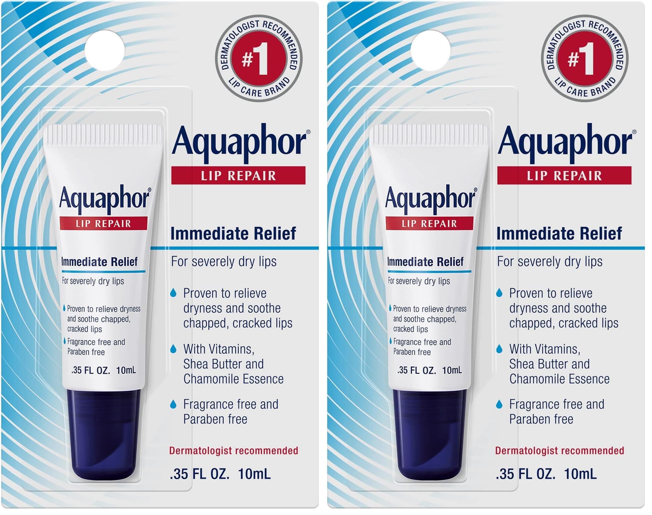 Aquaphor Lip Repair Ointment - Long-lasting Moisture to Soothe Dry Chapped Lips - .35 fl. oz. Tube (Pack of 2)