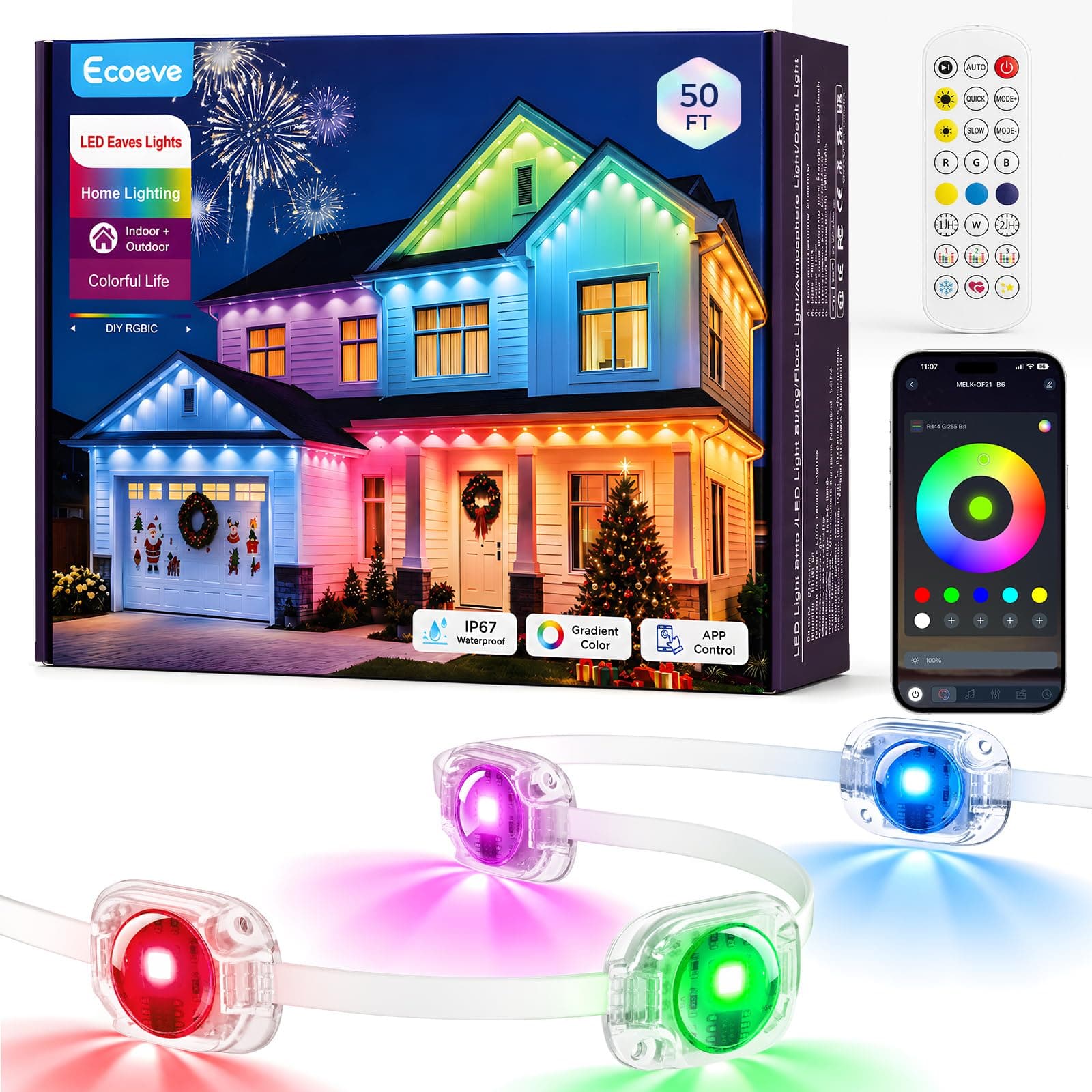 Ecoeve Permanent Outdoor Lights for House, 50ft RGB+IC Christmas LED Lights | App & Remote Control with Guest Mode, 16 Million Colors, 50+ Scenes, Music Sync, IP67 Waterproof Seasonal Rope Lights