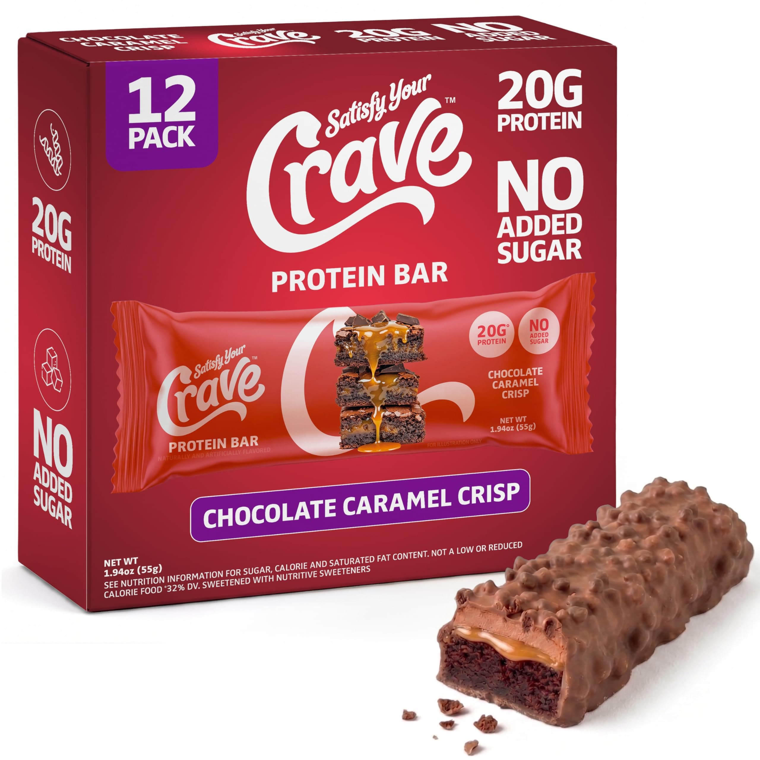 Satisfy Your Crave Protein Bars– High Protein Delicious Snacks– 20g of Protein, No Added Sugar– Chocolate Caramel Crisp– Perfect for Breakfast, On-the-Go Snack, Pantry Staple & Office Treat– Non-GMO, 12 Pack