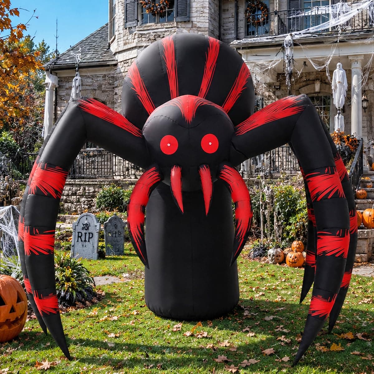 COMIN 7FT Halloween Inflatables Red Stripe Spider Yard Decor with LEDs | Built-in LEDs and scary red striped spider design for Halloween lawn, garden, porch and party displays.