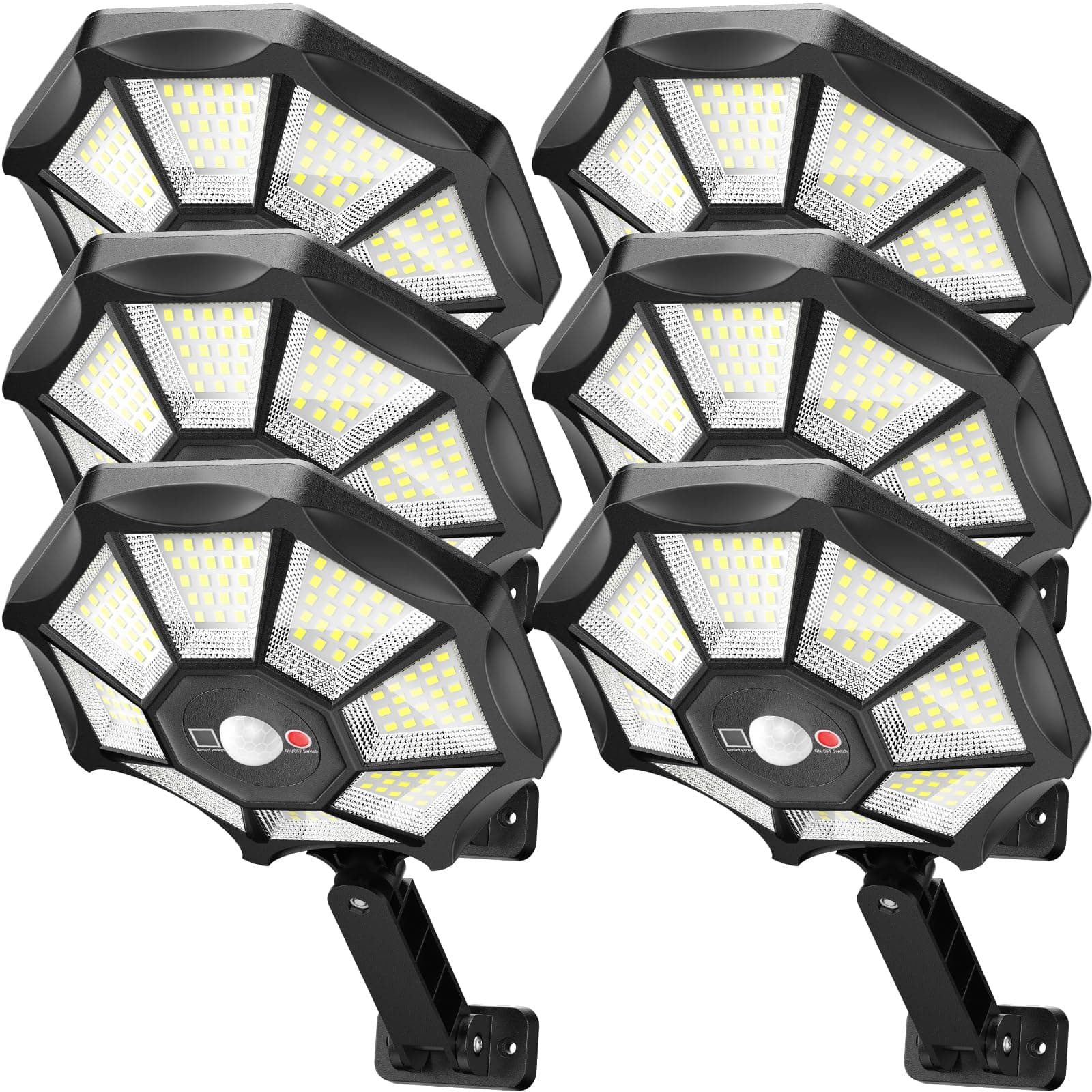 JOYEYE Solar Lights Outdoor - 168LED 6500K Daylight, 8-Sided Solar Flood Light with Motion Sensor and Remote Control, IP66 All-Weather, 3 Mode Dusk-to-Dawn for Pathway, Garden, Yard, 6 Pack