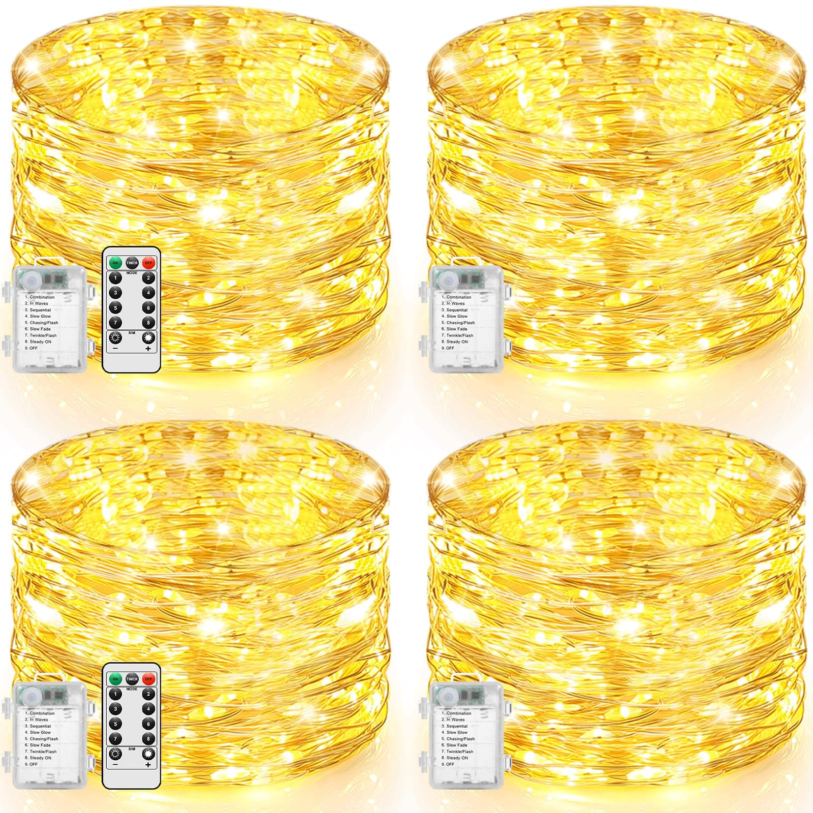 Lakumu 4-Pack 132FT 400LED Fairy Lights, Battery Operated String Lights with Timer & Remote, 8 Modes, Waterproof Twinkle Lights for Indoor Outdoor Bedroom Wedding Decor, Warm White(33FTx4)