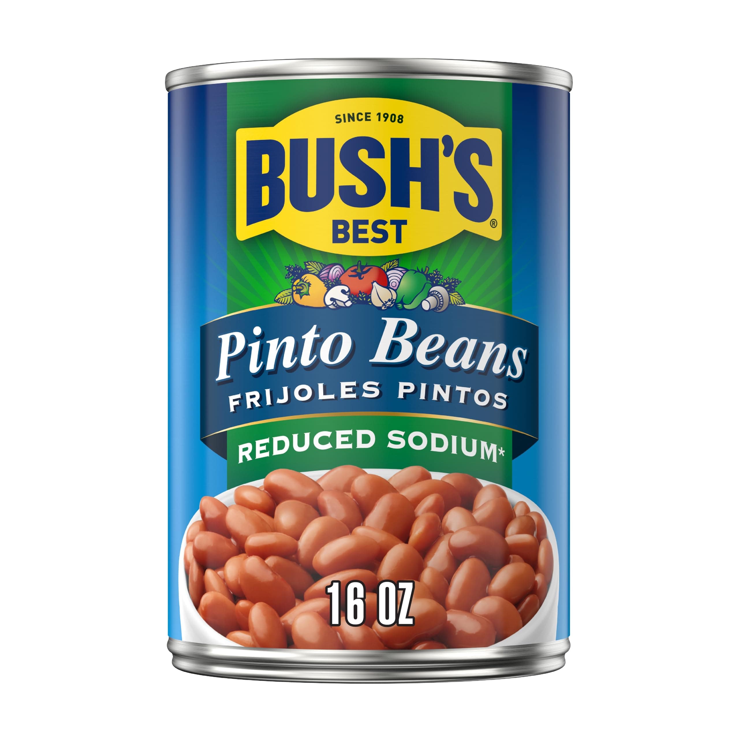 Bush's Best Canned Reduced Sodium Pinto Beans (Pack of 12), Source of Plant Based Protein and Fiber, Low Fat, Gluten Free, 16 oz