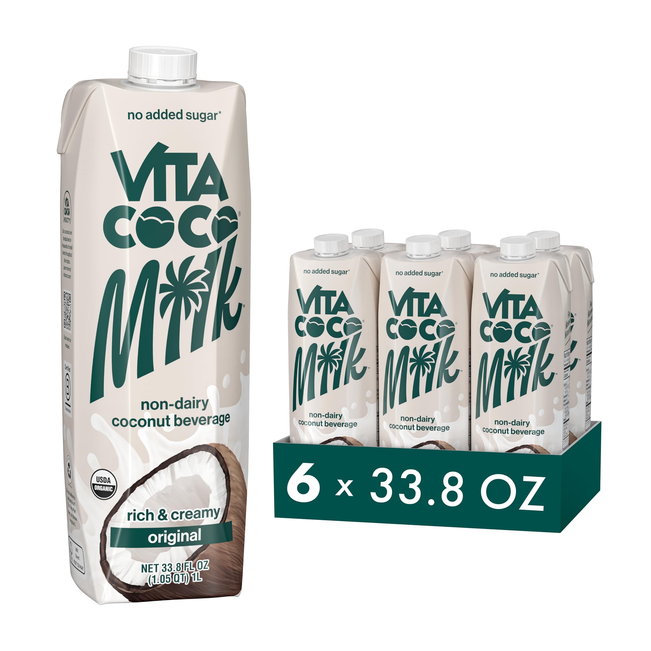Vita Coco Organic Coconut Milk, Unsweetened, 33.8 Oz (Pack of 6) | Plant-Based, Dairy-Free, Unsweetened, Perfect for Smoothies, Cereal, Oatmeal, Coffee, & Lattes