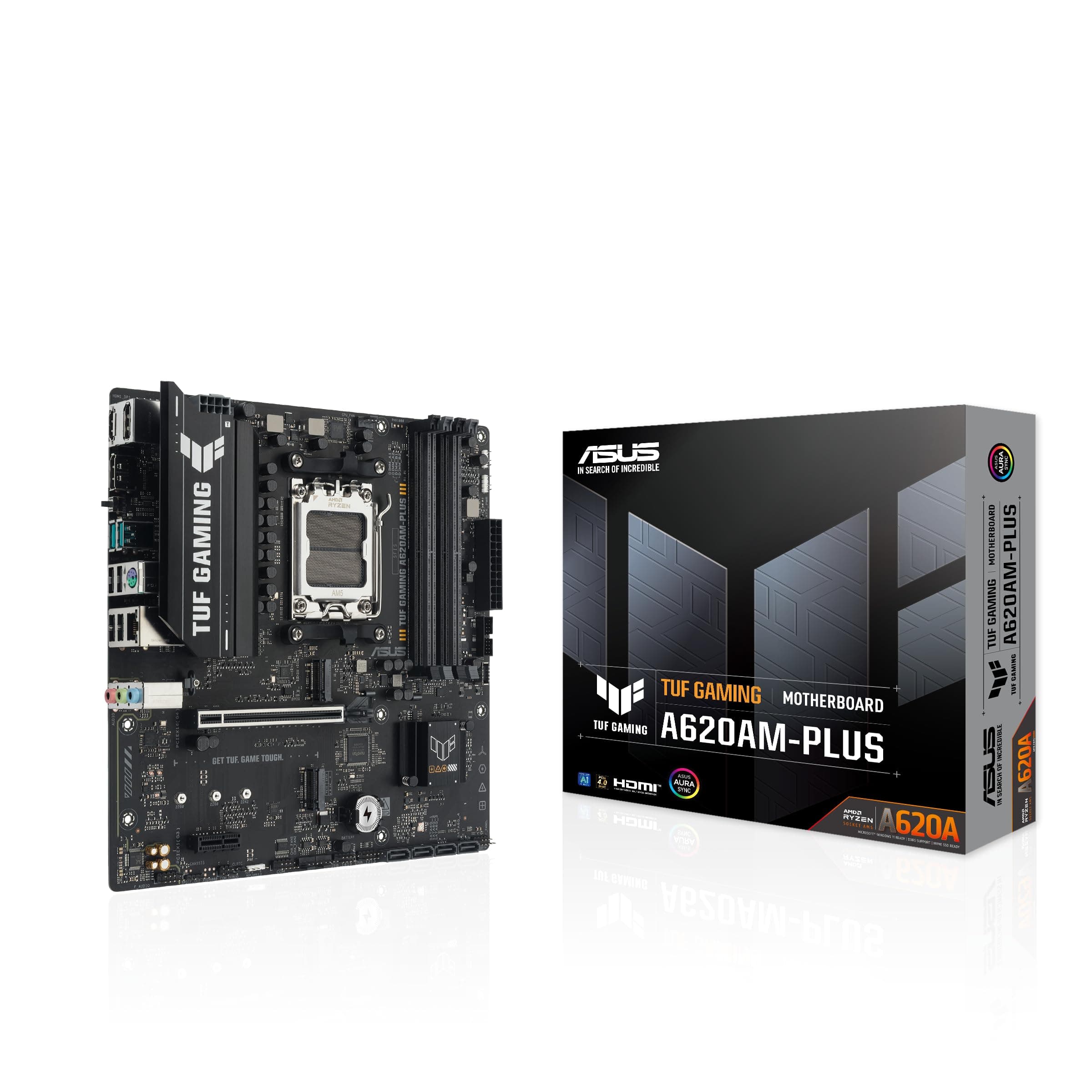 TUF Gaming A620AM-PLUS WiFi AMD A620A mATX Motherboard, 8+2+1 Power Stages, DDR5, PCIe 4.0, Dual M.2 Slots, WiFi 6, 2.5Gb Ethernet, Dual DisplayPort, HDMI, Rear USB-A 10Gbps, Front USB-C 10Gbps