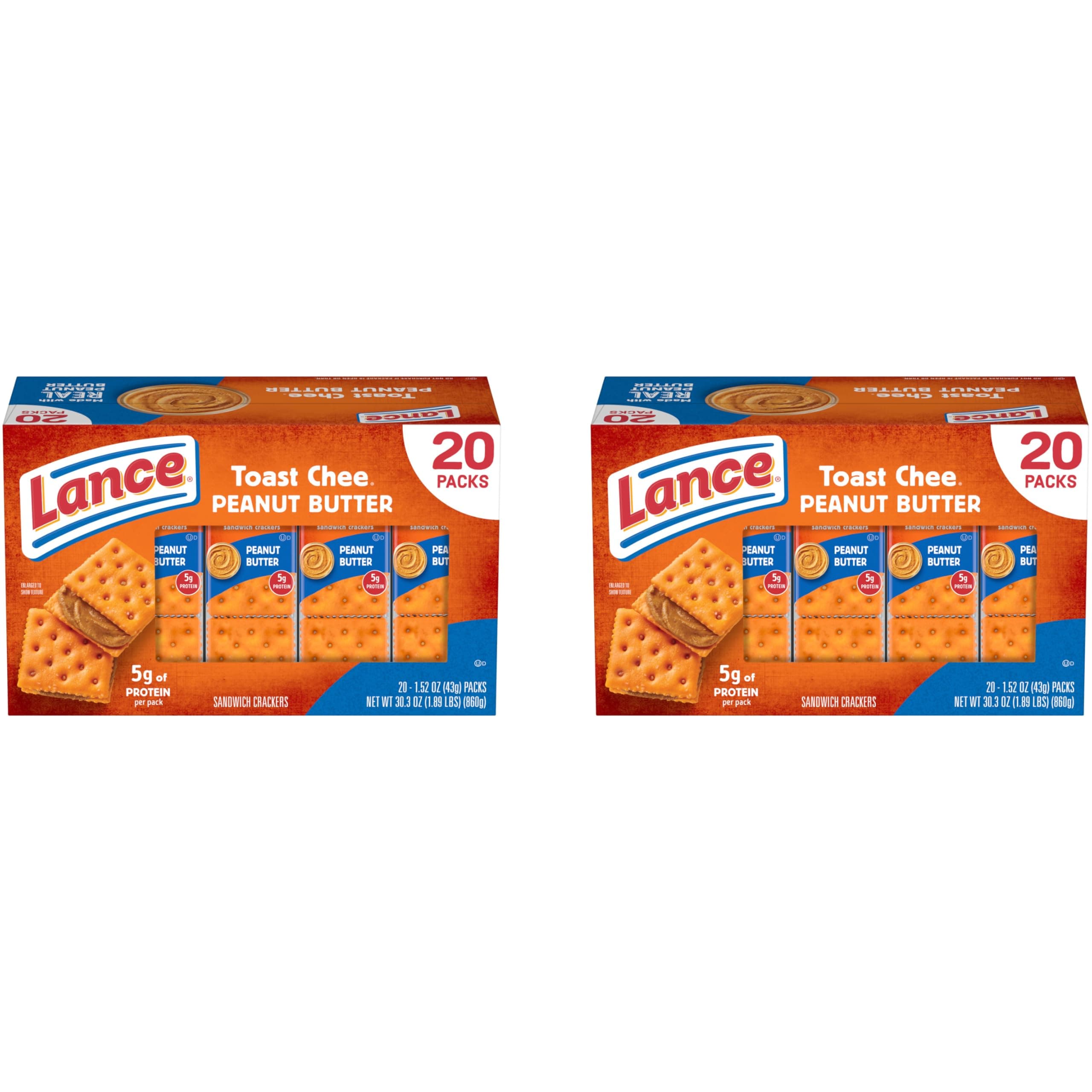 Lance ToastChee Peanut Butter Sandwich Crackers Snack Packs, 20 Count 1.52 Oz (2 Pack)