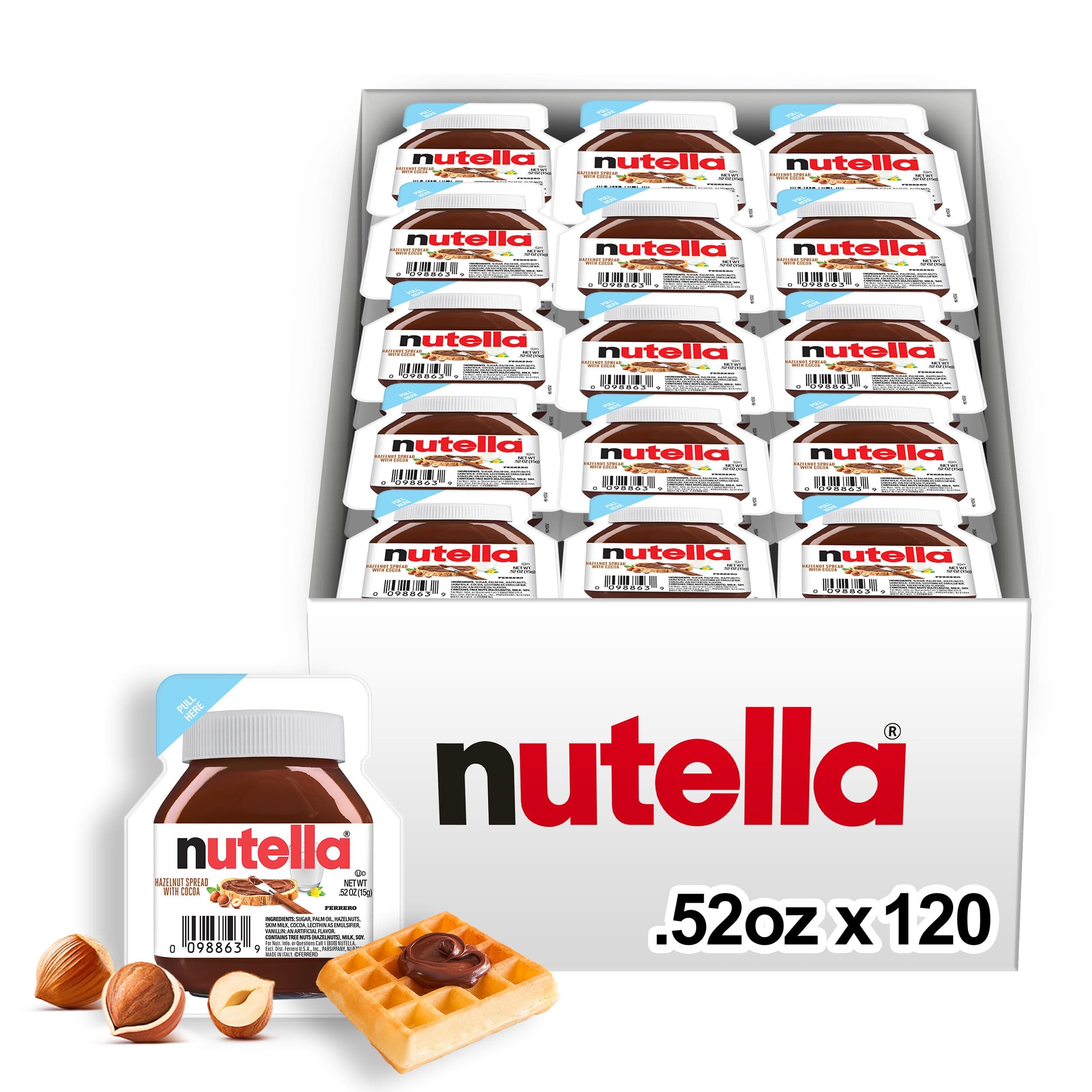 Nutella Hazelnut Spread with Cocoa, Creamy Hazelnut Spread, Breakfast Favorite, Bulk 120 Packs, 0.52 individual oz