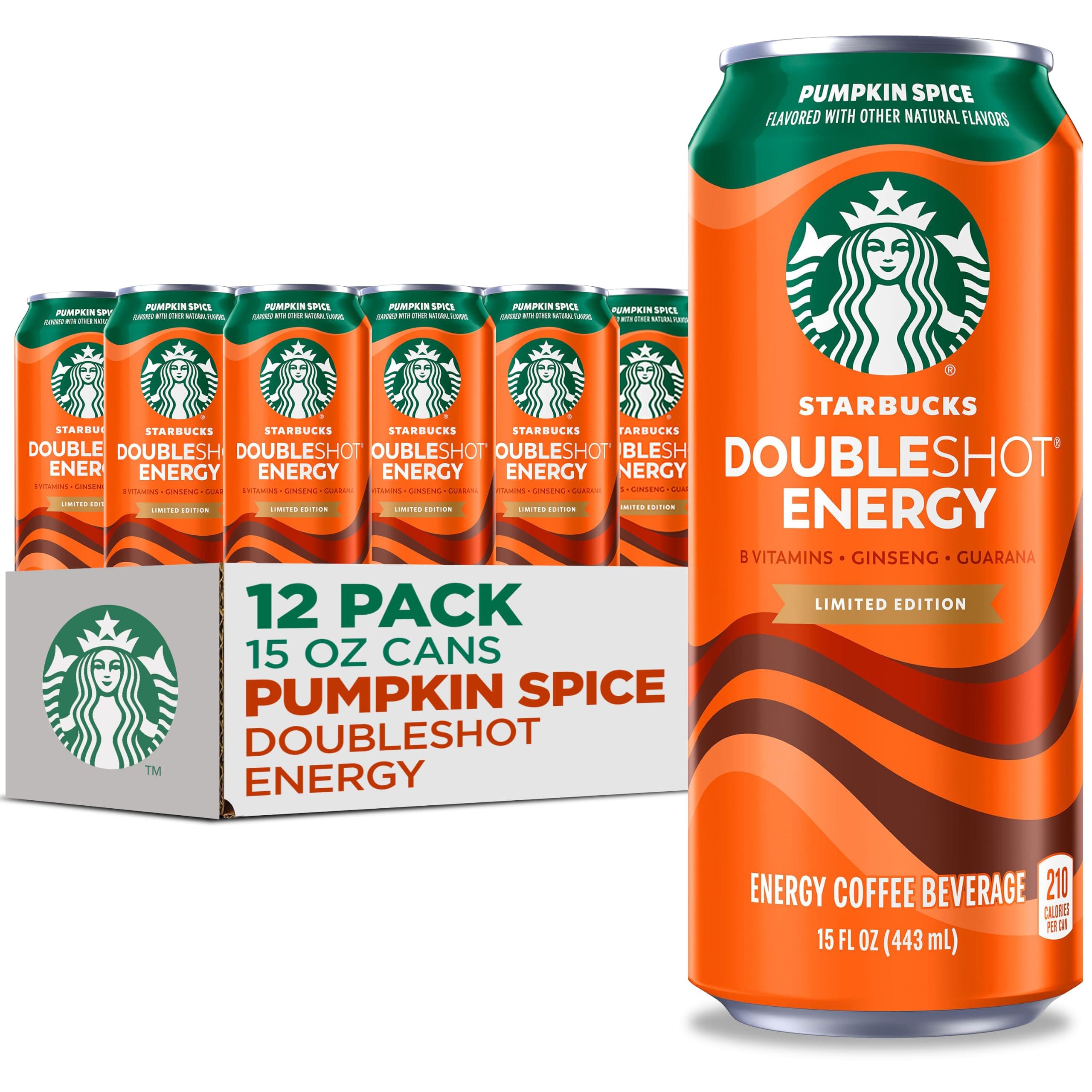 Starbucks Doubleshot Energy Drink, Pumpkin Spice, 15 fl oz Cans (12 Pack) | Iced Coffee, Coffee Energy Drink, Made with Ginseng, Guarana, Riboflavin, Niacin, and B6