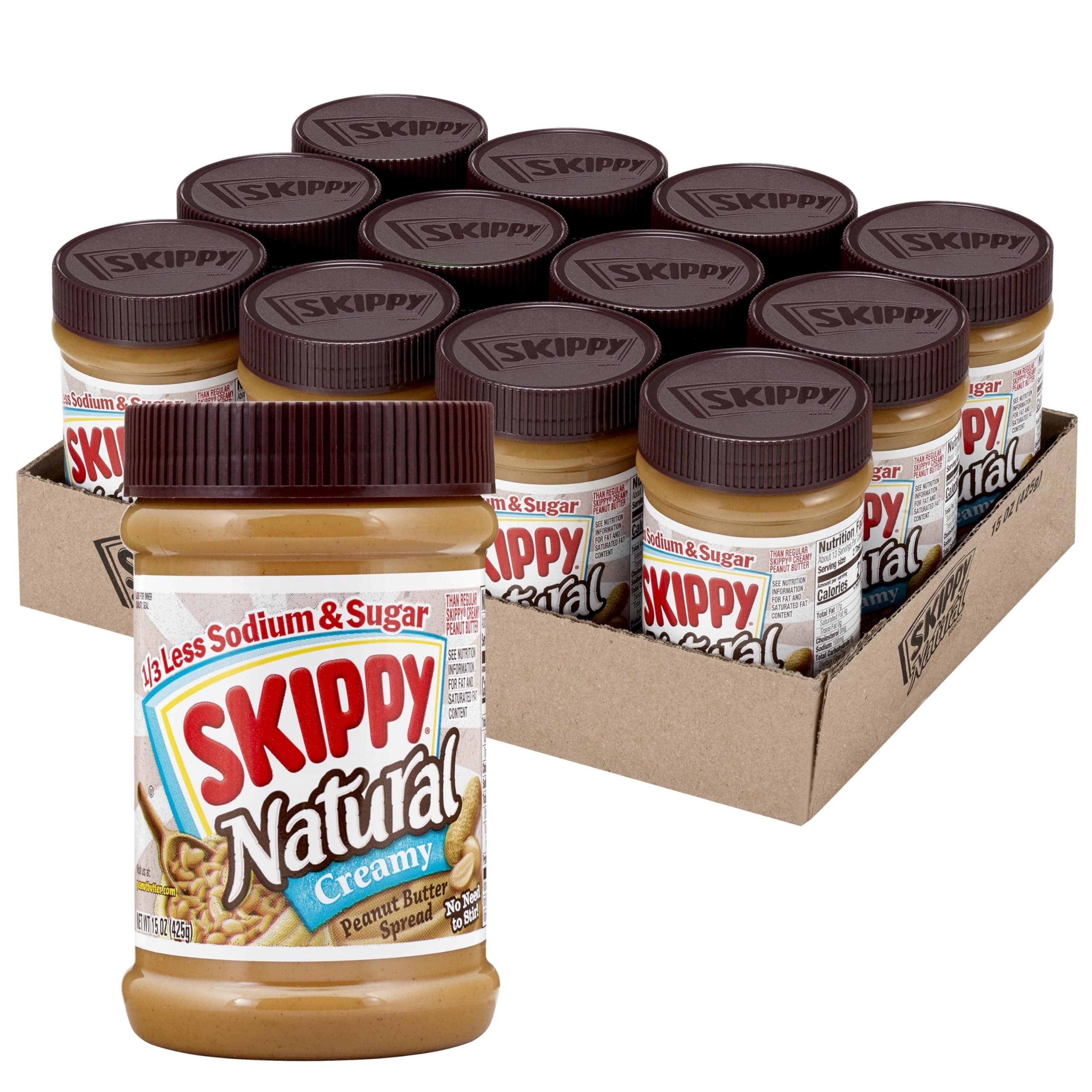 SKIPPY Natural Creamy 1/3 Less Sodium & Sugar, 15oz Jars, (Pack of 12) | Peanut Butter, Gluten-Free, 7g Protein per Serving