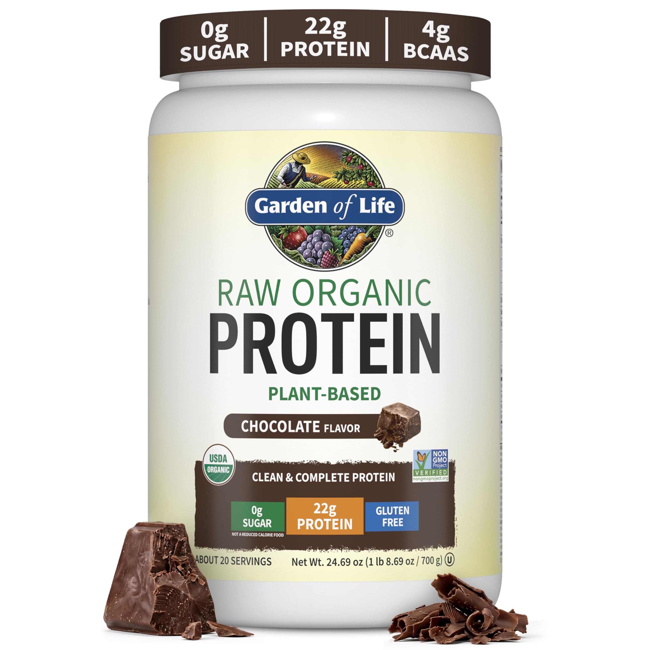 Garden of Life Raw Organic Protein Powder, Vegan, Chocolate, 20 Servings | BCAA, Probiotics & Digestive Enzymes, Gluten & Lactose Free
