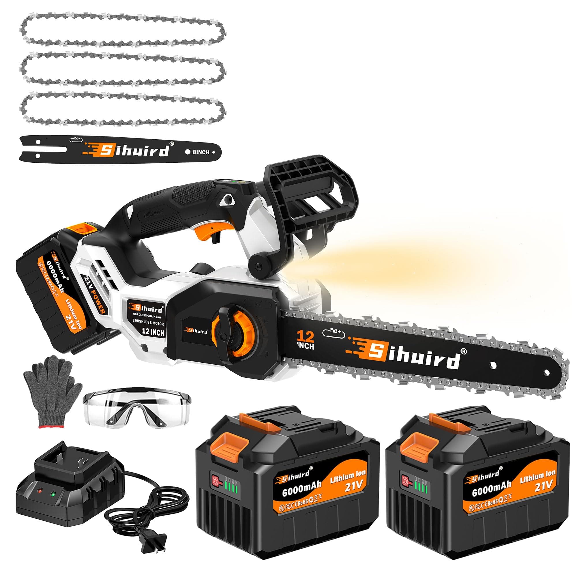 Sihuird 12-Inch Cordless ChainSaw, Brushless Motor Electric Chainsaw with 2 x 21V 6.0Ah Battery and Charger, with LED lighting and Tool-free Chain Tension & Auto Lubrication for Tree, Wood Cutting
