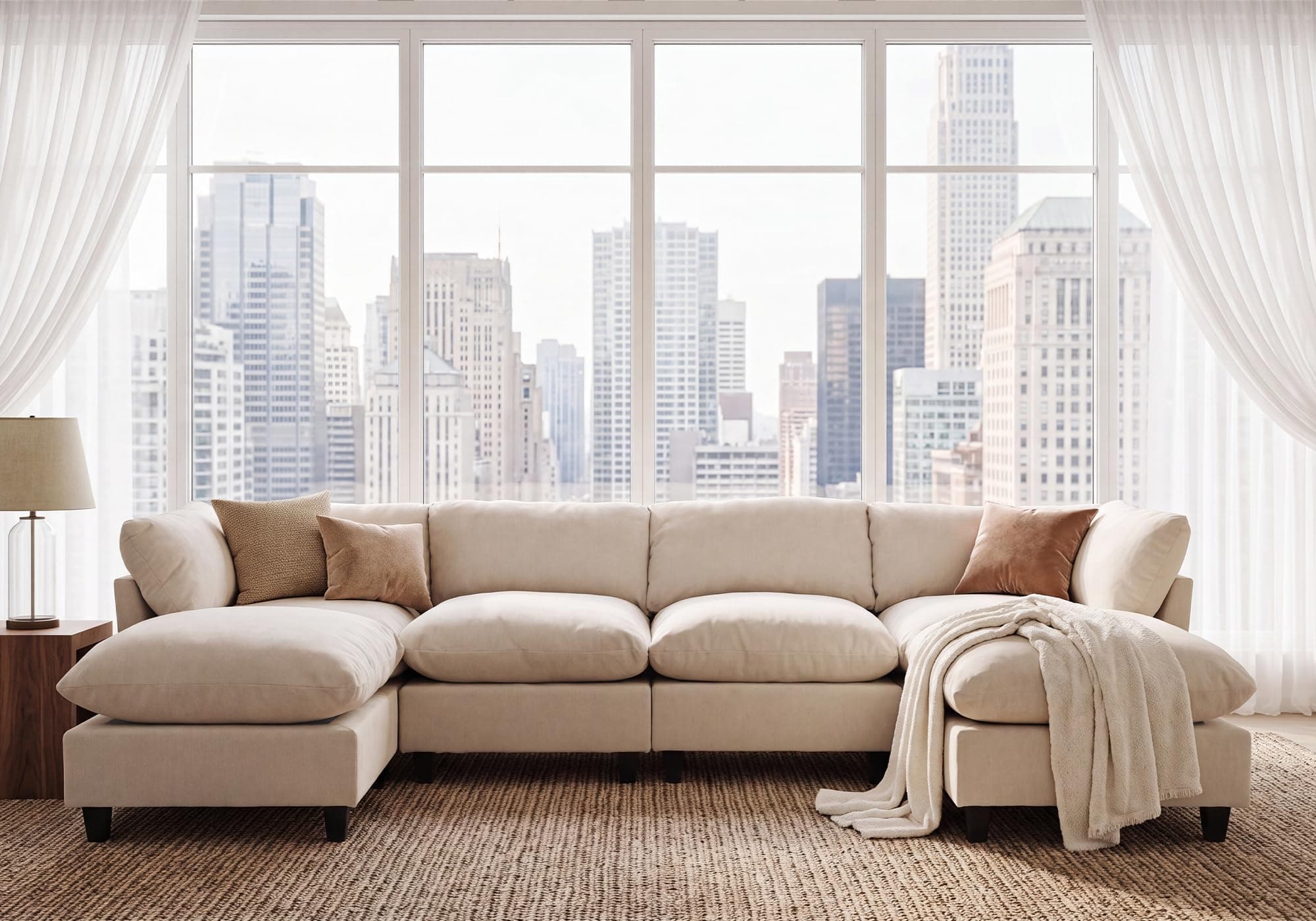 Iroomy Modular Sectional Sofa, U Shaped Chenille Cloud Couch Deep Comfy Seat, 6-Seater Sofas Couches for Living Room, Beige