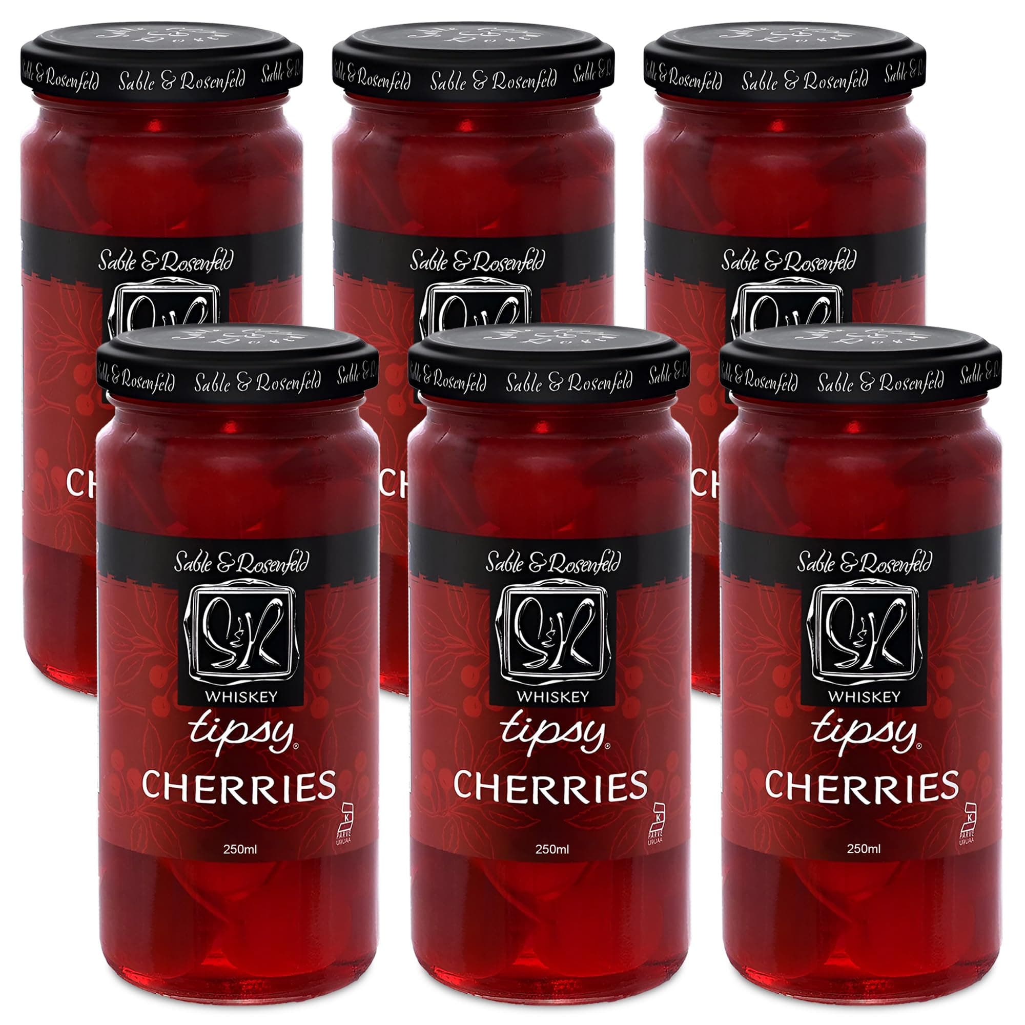 Sable & Rosenfeld Whiskey Tipsy Cherries, Cocktail Garnish, 10 oz, Pack 6 | Whiskey Cherries in Spiked Syrup, Premium Cocktail Cherries for Manhattans, Martinis, Dessert, Cheese Tray
