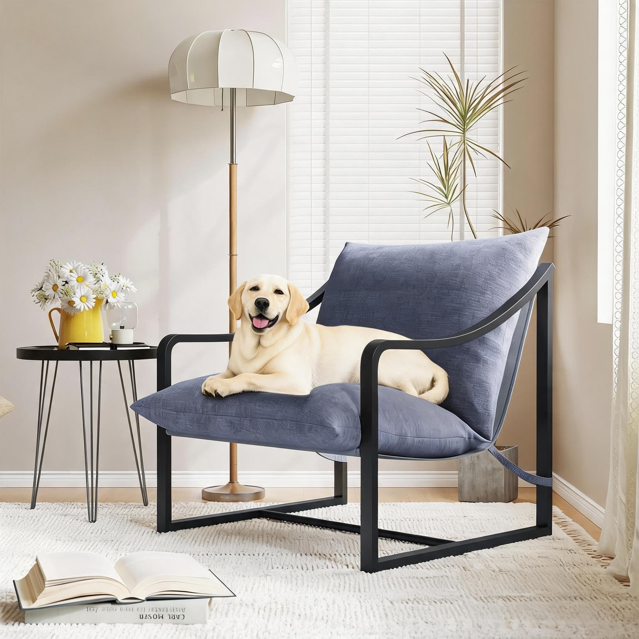 SunnyFurn Modern Sling Accent Chair, Grey | Upholstered Fabric Lounge Armchair with Heavy Duty Metal Frame, Comfy Reading Chair for Living Room Bedroom