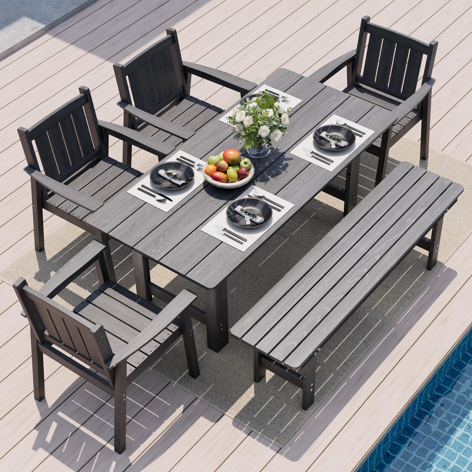 Pamapic Patio Dining Table Set, 6-Piece Outdoor Dining Set for 6, Grey | 1 Rectangular Table, 4 Chairs & 1 Bench, Wood-Grain HDPE, Elegant Armrests, All-Weather Design, Umbrella Hole