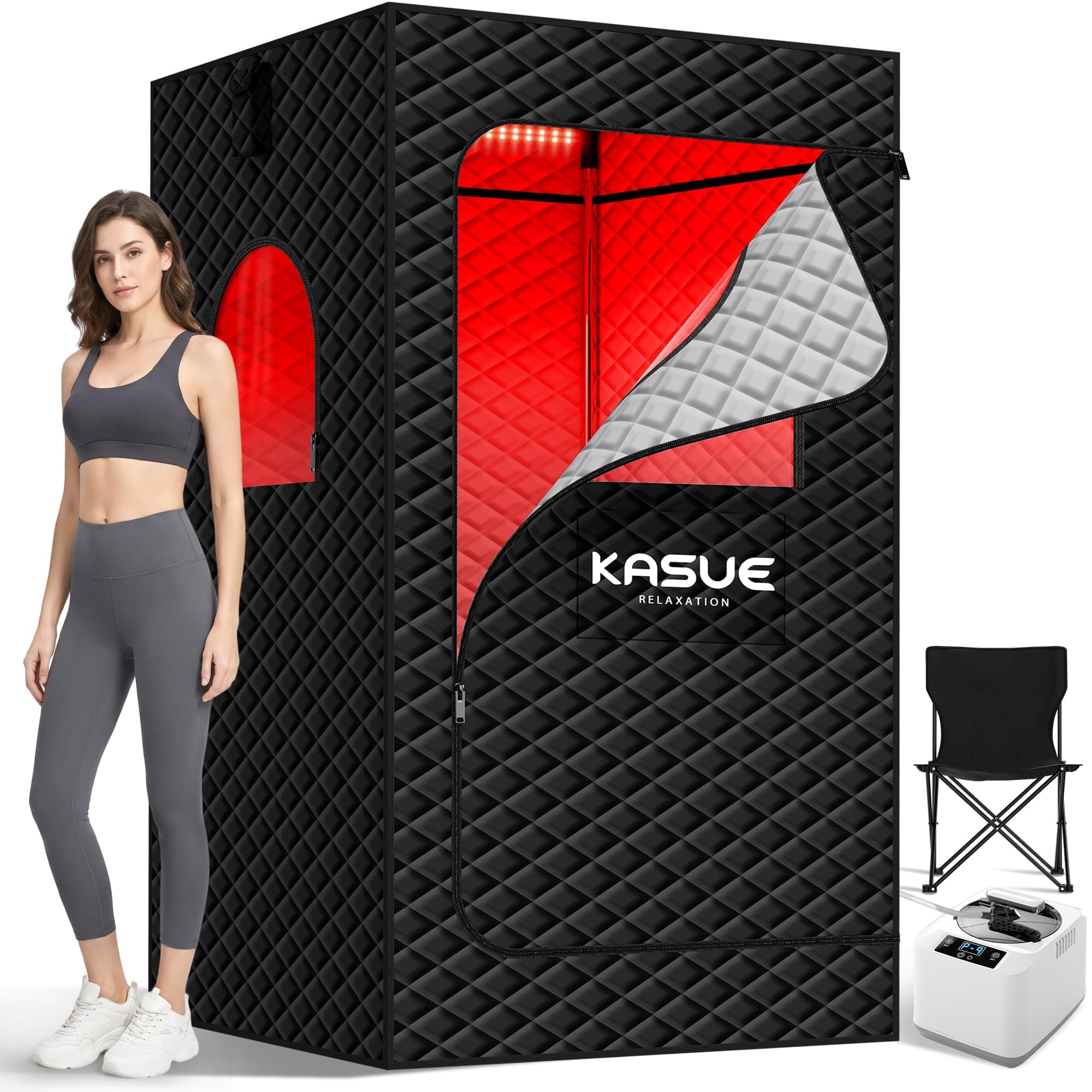 KASUE Infrared Sauna Tent with 3L Steamer, for Home | 9 Heat Levels, 99-Min Timer, Remote Control, 5-Layer Waterproof Insulated Fabric and Folding Chair
