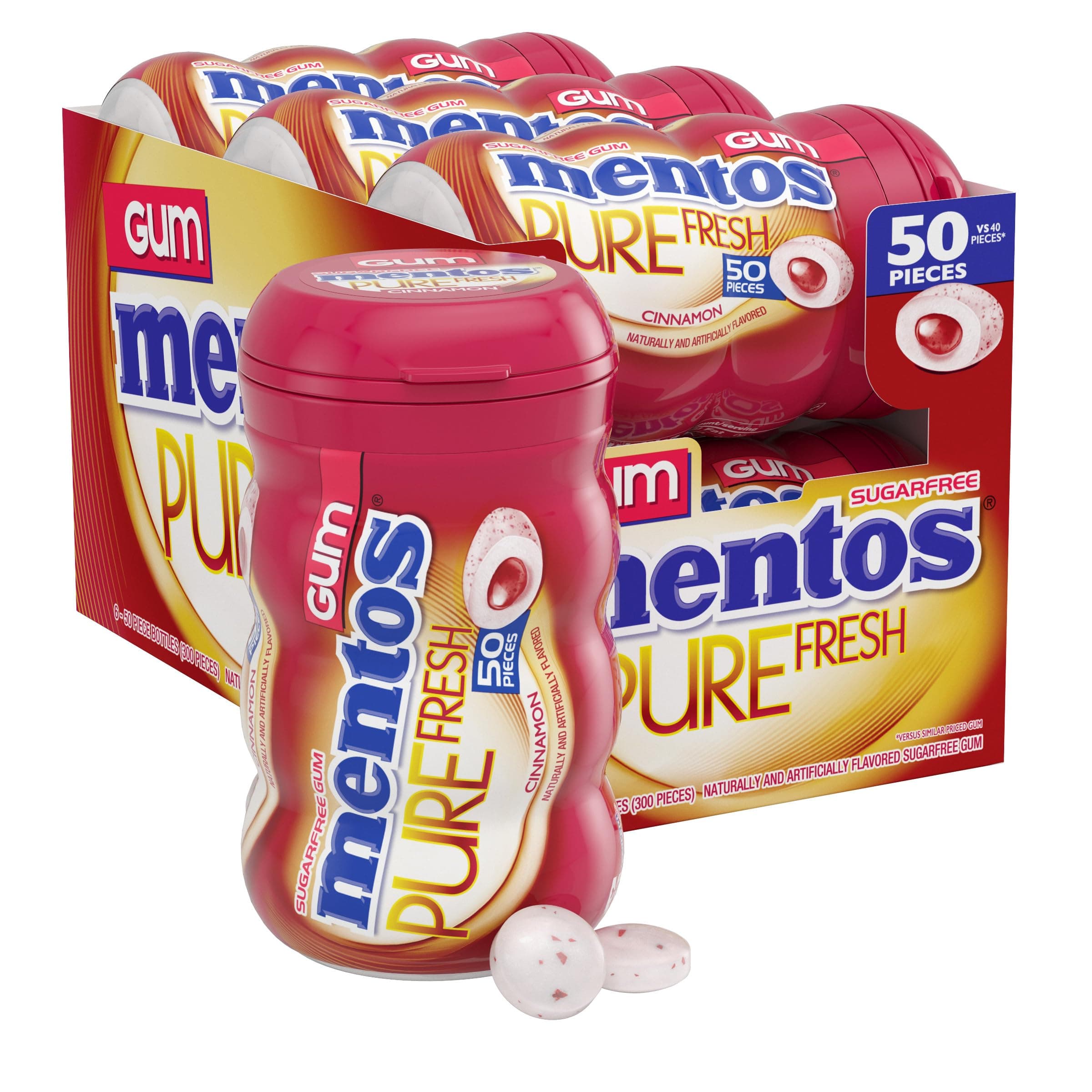 Mentos Sugar Free Gum with Xylitol, Cinnamon, 50 Piece Bottle (6 Pack) | Chewing Gum, Perfect for Long Lasting Fresh Breath at School, Work & Travel