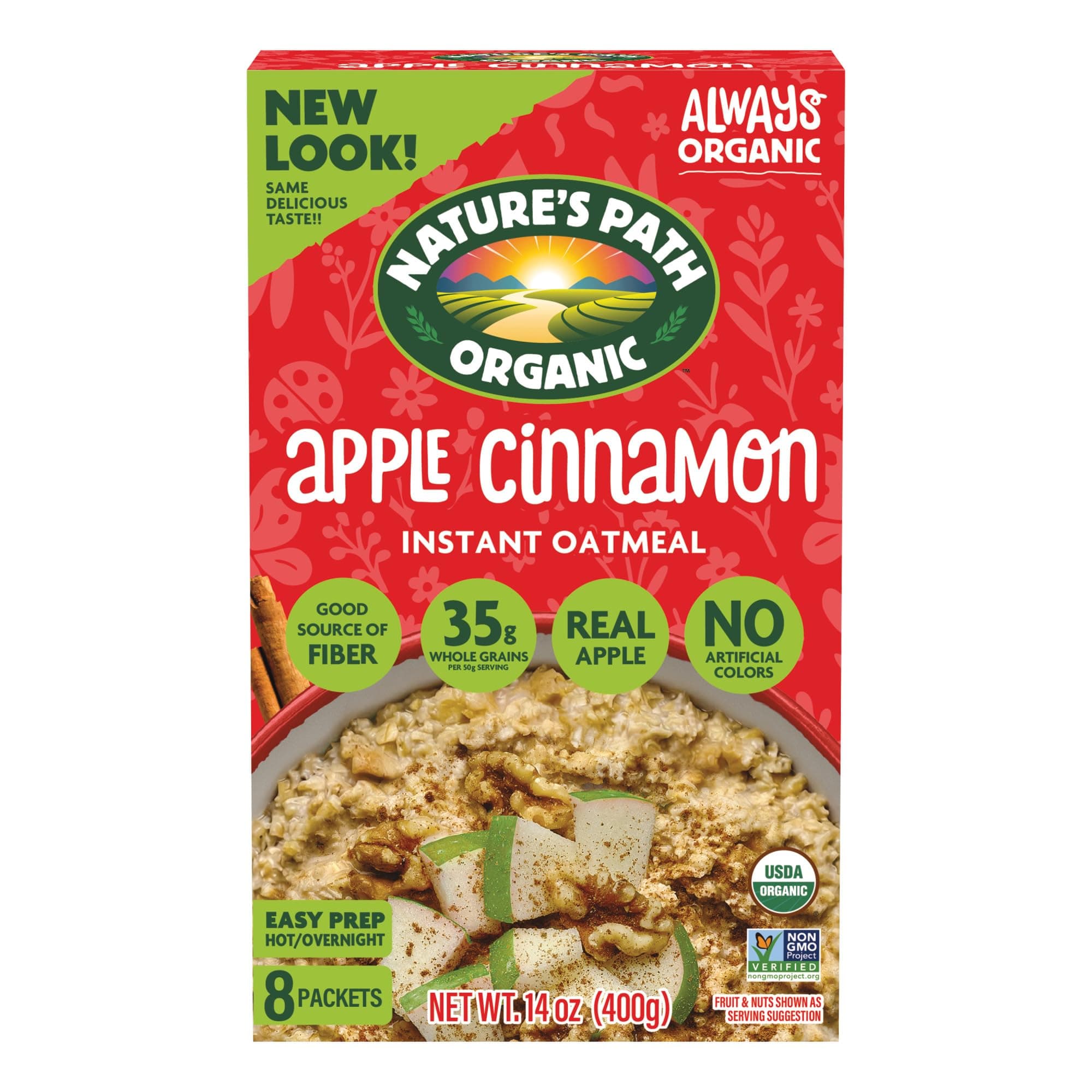 Nature's Path Organic Apple Cinnamon Instant Oatmeal, 14 oz (Pack of 6) | Real Apple Cinnamon Oats: 35g whole grains, 4g fiber, dried apples, warm cinnamon, no artificial flavors or colors