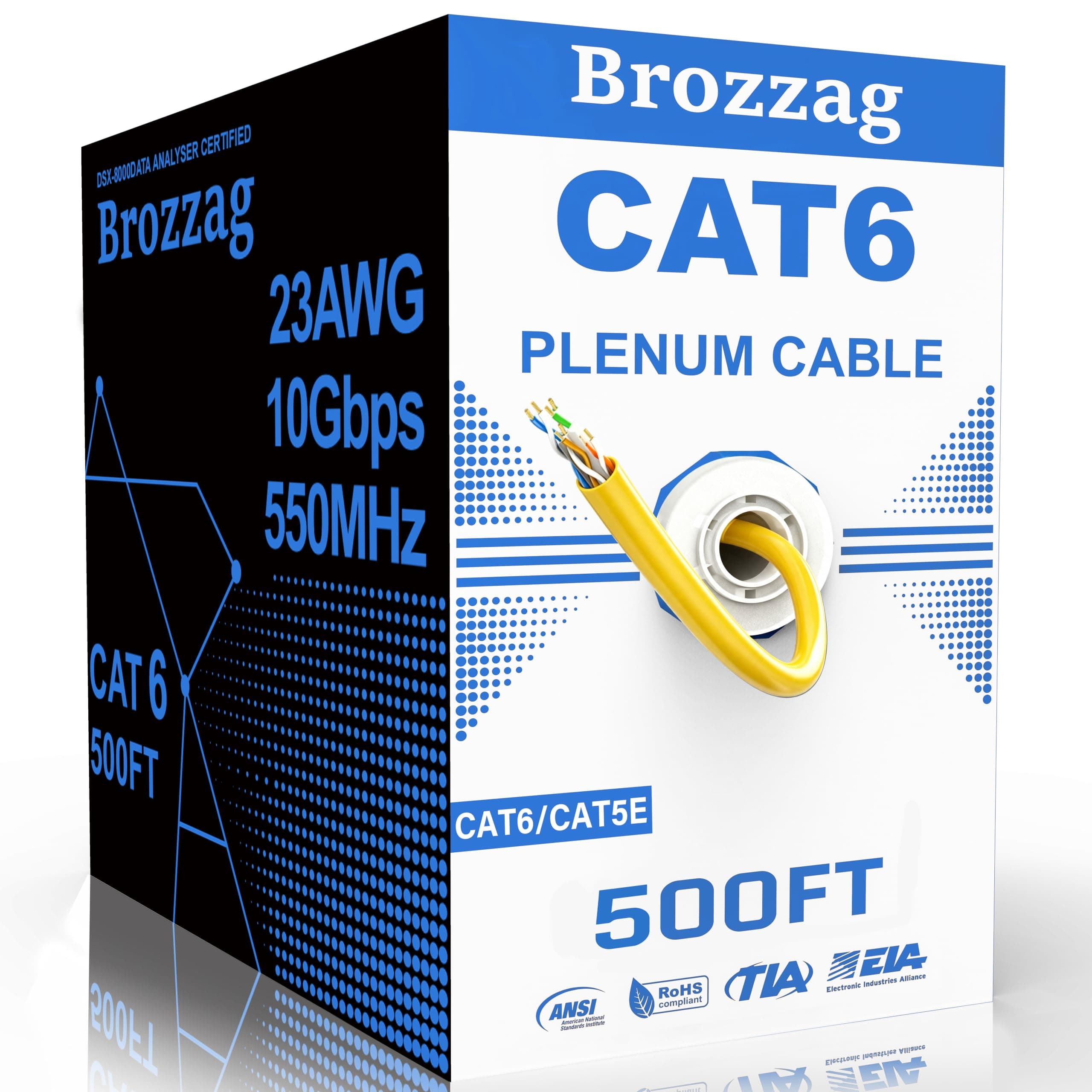 Cat 6 Plenum Cable 500ft | 23AWG, 550MHz, 10Gbps UTP Ethernet | CM Fire-Rated Jacket | Tangle-Free Easy-Pull Spool | CCA | Bulk Cat6/Cat5e Internet Cable for Commercial & Home Networking, Yellow