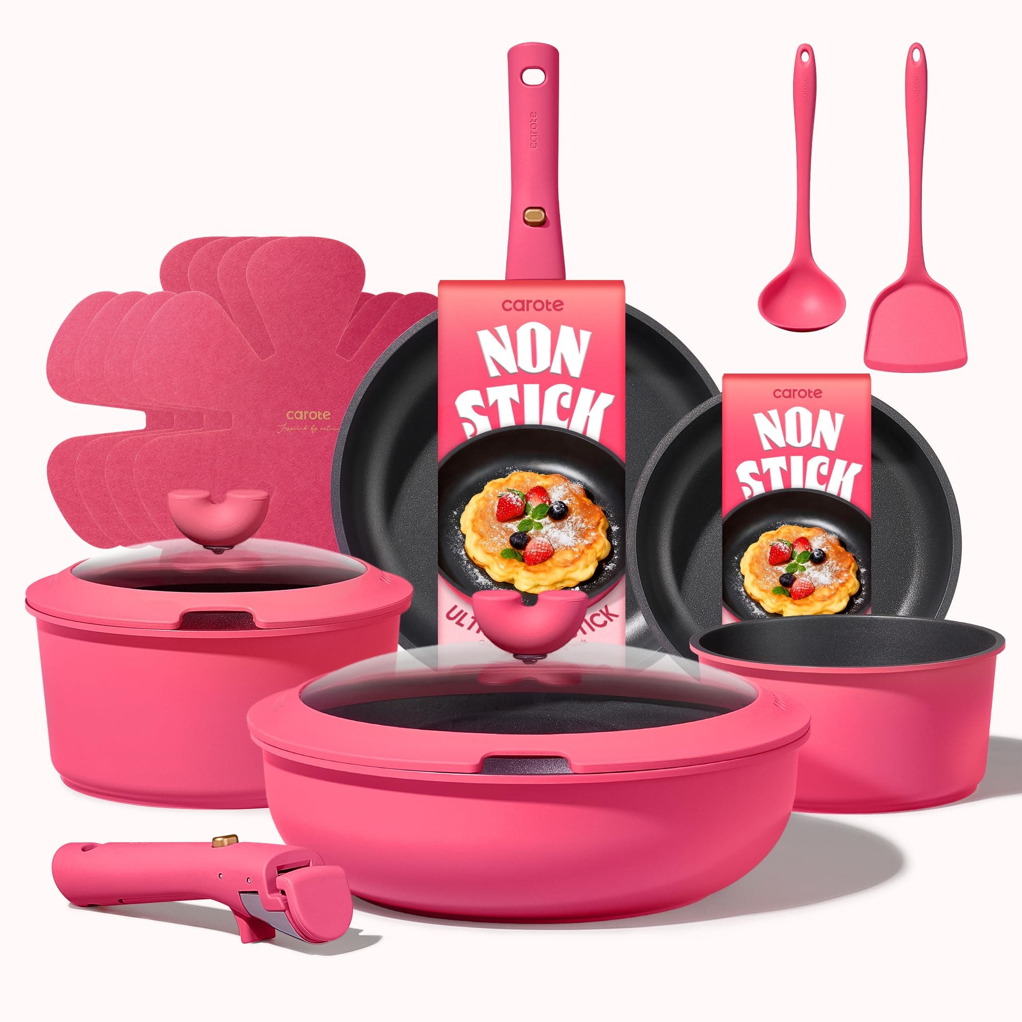 CAROTE 15pcs Pots and Pans Set Non Stick, Cookware Set Detachable Handle | Induction Compatible, Dishwasher & Oven Safe, Space Saving, Camping Cooking Set, Kitchen Set, Pink