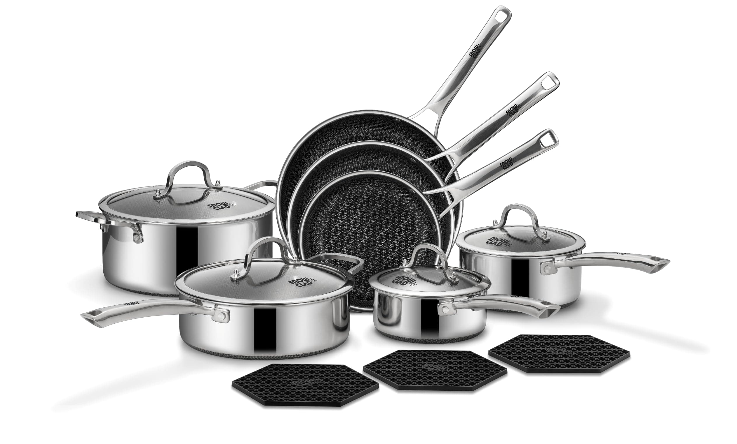 SNOWCLAD Pots and Pans Set Non Stick | Stainless Steel Kitchen Cookware | 14 Pcs | PFOA Free | Hybrid | Induction Compatible | Frying Skillet, Saucepans, Saute Pan & Stock Pot