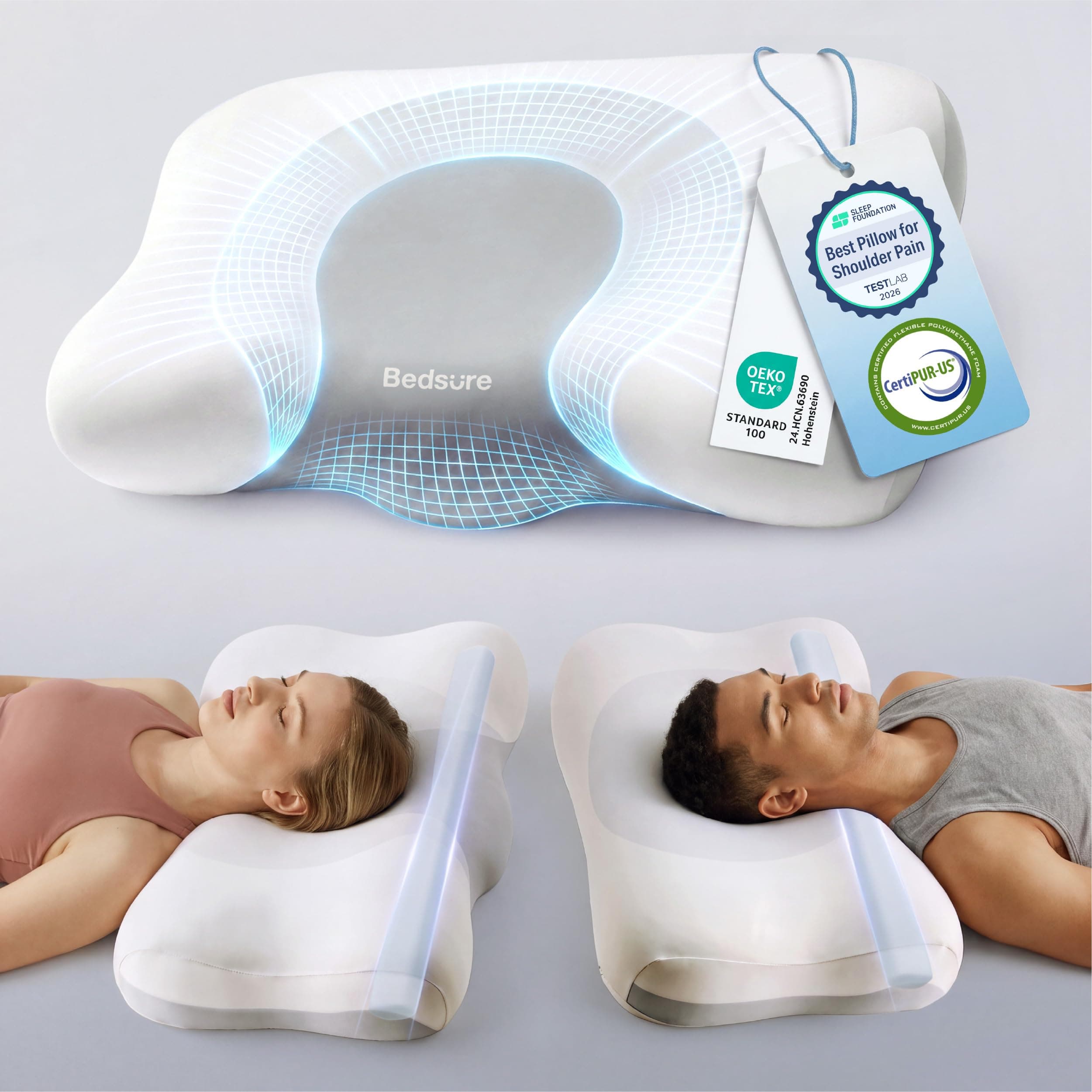 Bedsure Cervical Neck Pillow, Ergonomic Pillow for Neck Pain Relief | Memory Foam Pillows with Double - Sided Design, Orthopedic Contour Shape Gently Supports Head & Neck, Grey