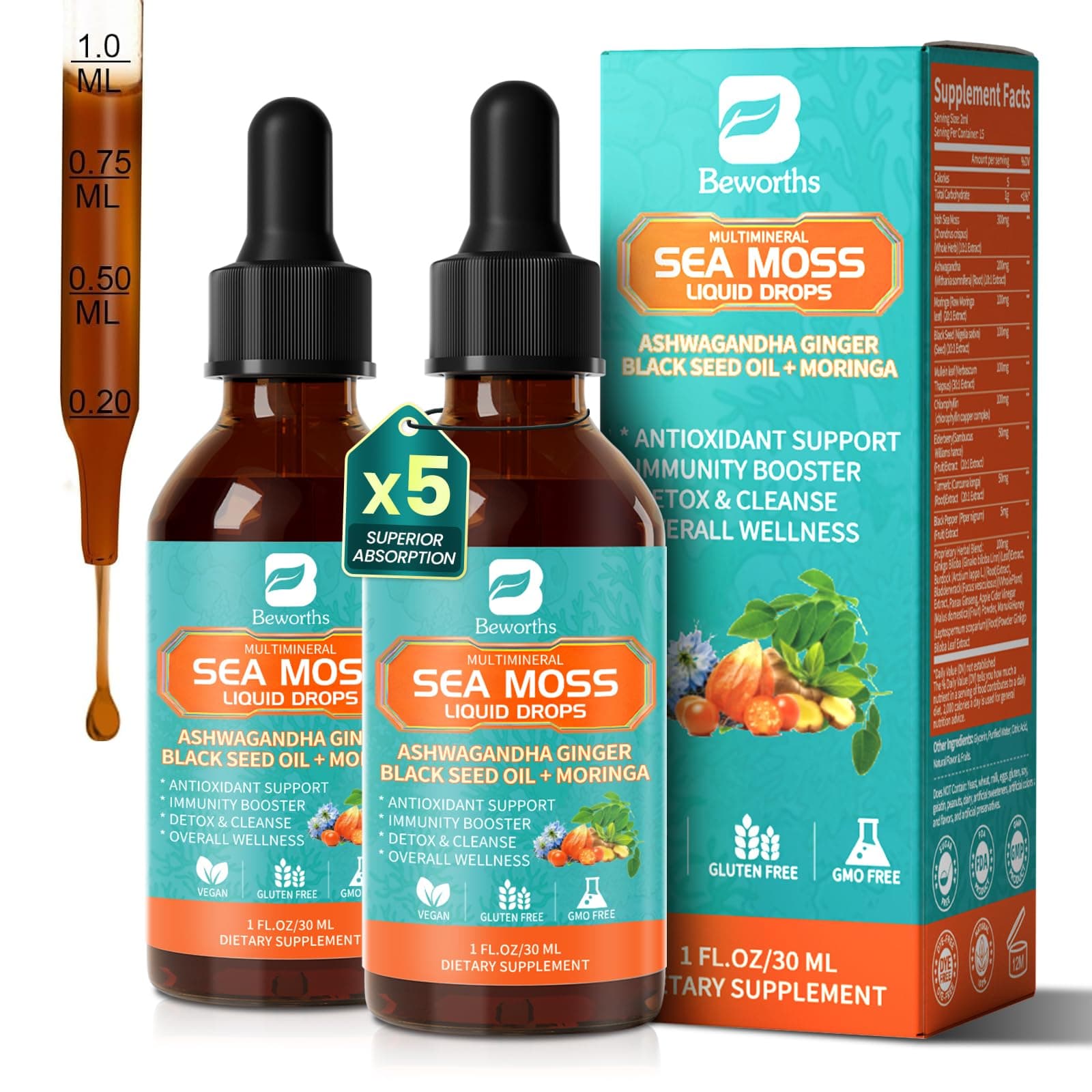 Sea Moss Drops - Irish Sea Moss Liquid Chlorophyll, Black Seed, Ashwagandha | Wildcrafted Seamoss Liquid Drops Supplement - Vitamins & Minerals for Gut & Liver Cleanse, Digestion, Immune Support - Vegan