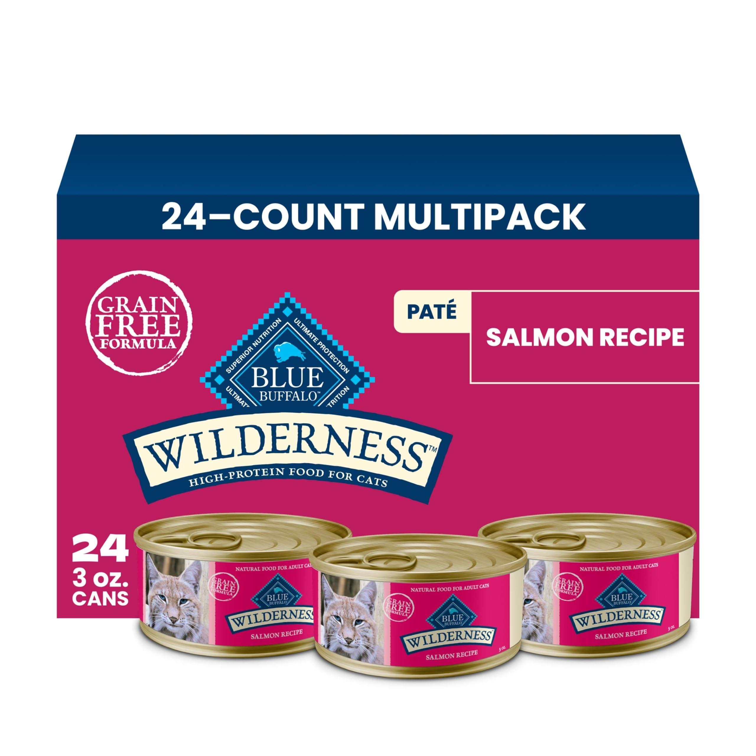 Blue Buffalo Wilderness Salmon Paté Adult Wet Cat Food, 3 oz, 24 ct | Real Salmon #1 Ingredients, High Protein & Grain-Free Recipes, Supports Energy for an Active Life