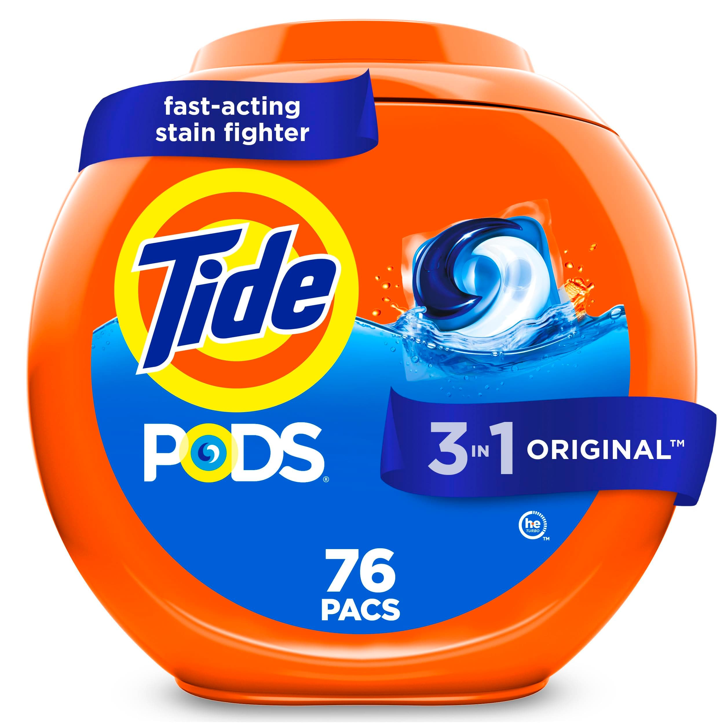 Tide PODS Laundry Detergent Pacs, 3-in-1 Stain Remover, Odor Fighter, Color Protector, 76 Count, HE Compatible, Original Scent