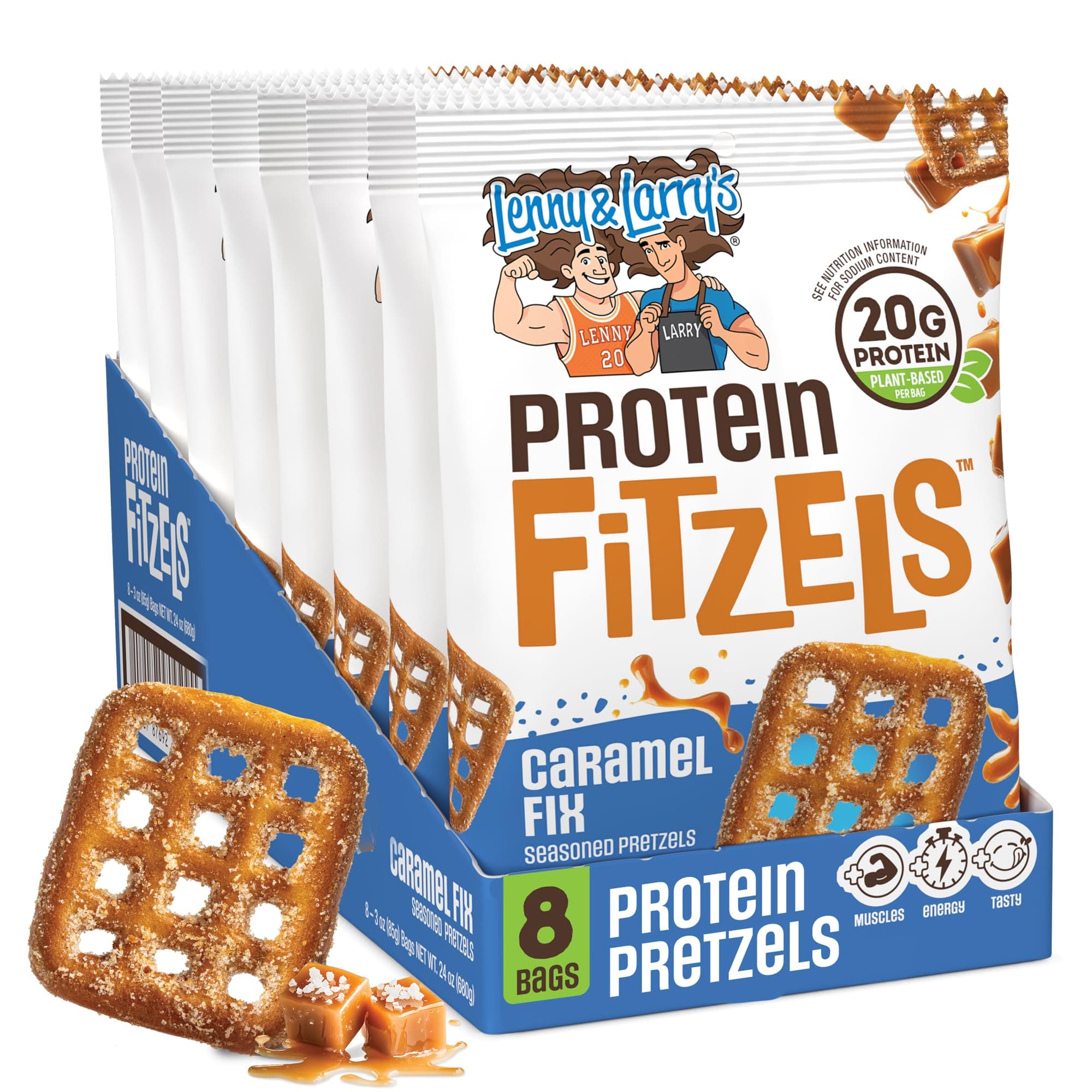 Lenny & Larry's FITZELS Protein Pretzels Caramel Fix, 20g Protein | Vegan pretzel snacks with plant based protein, caramel flavor, and crunchy texture