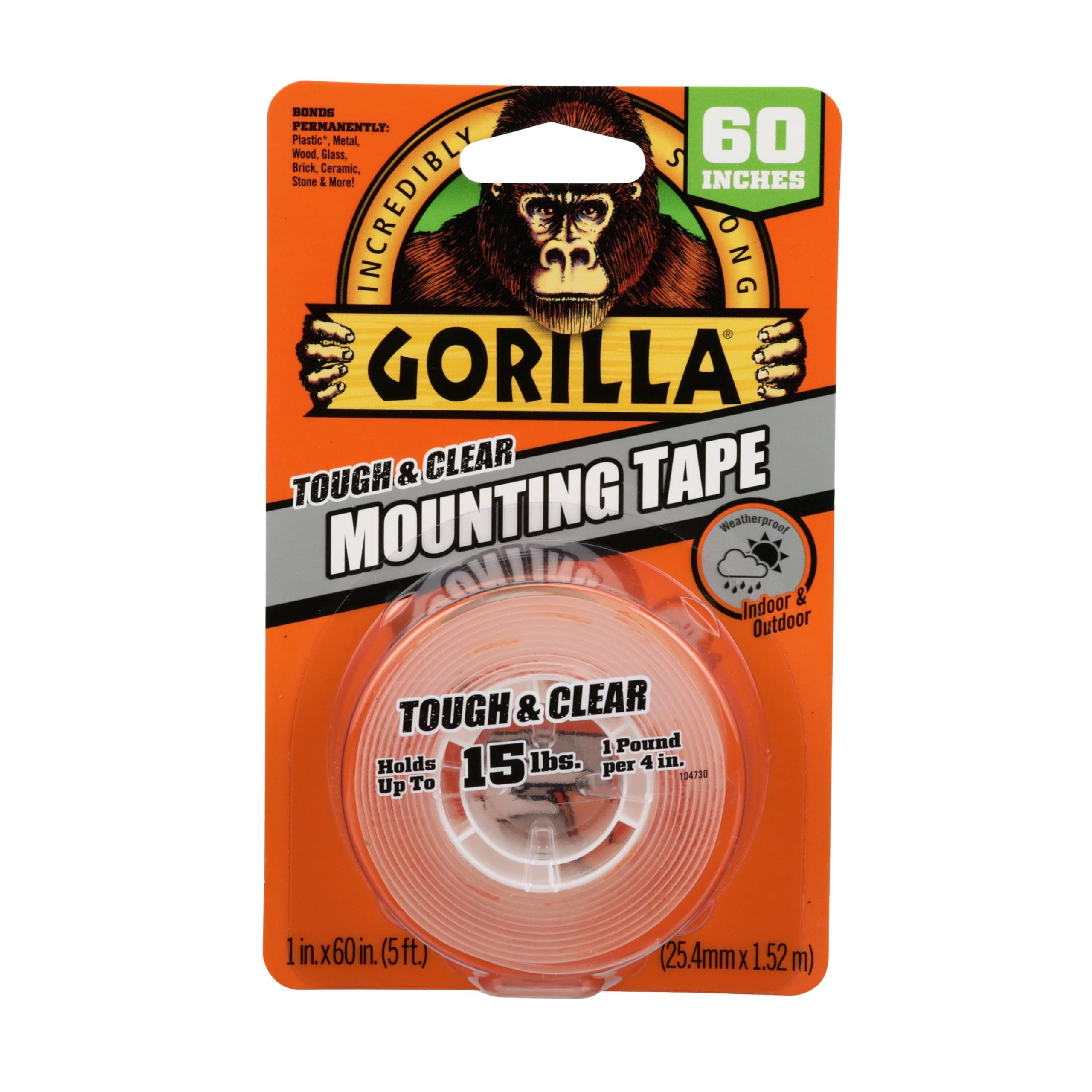 Gorilla 6065001-36 Tough Mounting Tape, Double-Sided, 1" x 60", Clear, (Pack of 36)