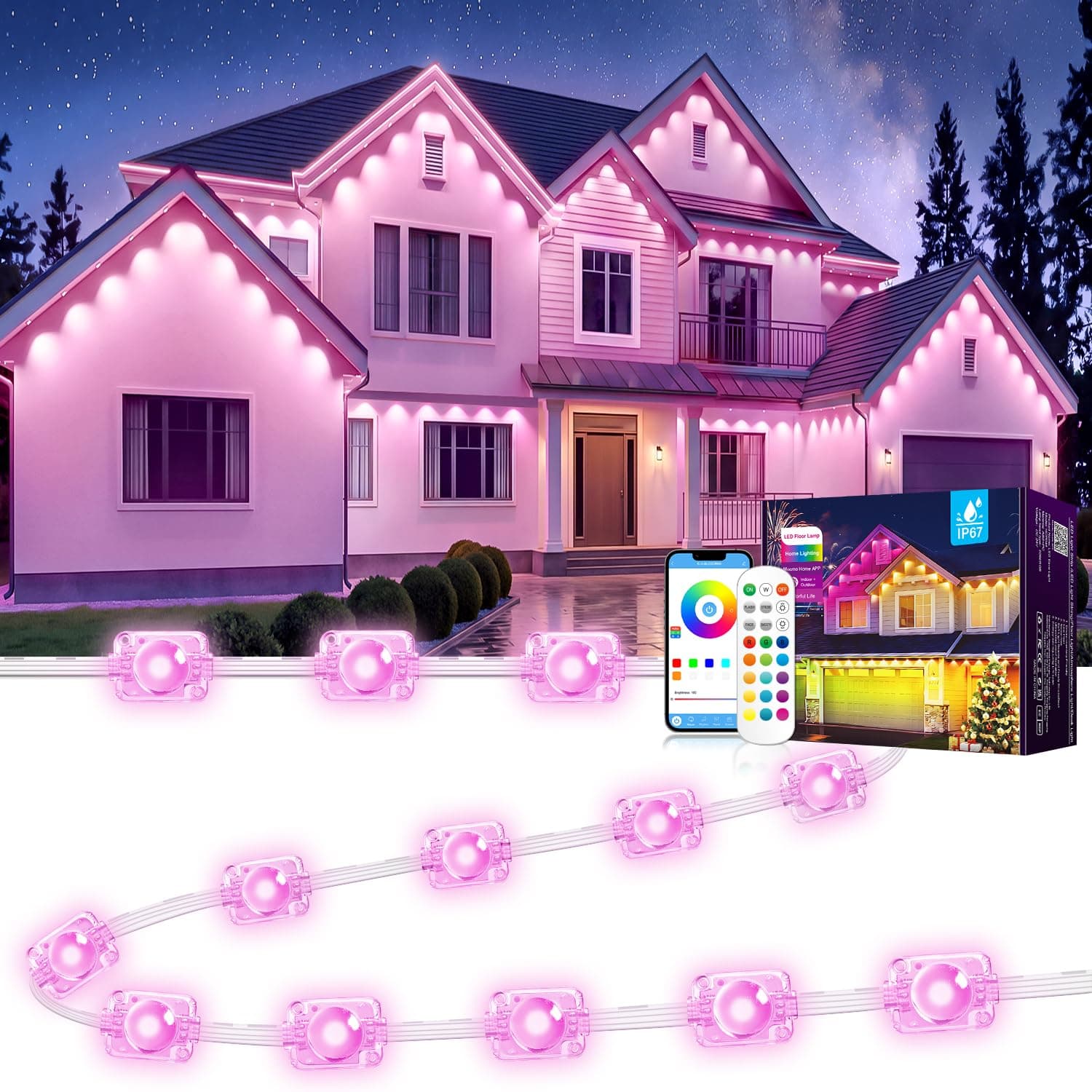 200FT RGB Permanent Outdoor Eaves Lights with App Remote, IP67 LED Bulbs | Roofline patio backyard lighting for fall decor, Halloween, Thanksgiving, Christmas and holiday home displays